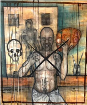 Artist (Self Portrait) by Blair Aiken – direct gaze with brush raised, confronting the viewer without masks