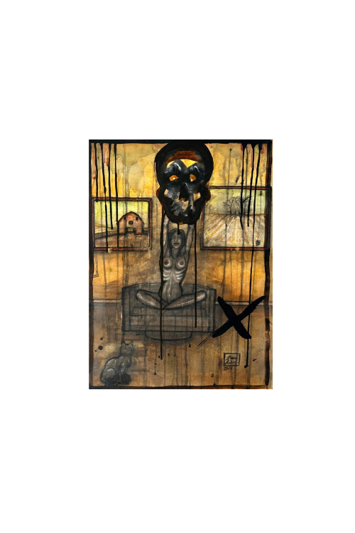 Dark Farm by Blair Aiken – farm girl in chair with skull hovering, revealing masks of rural existence