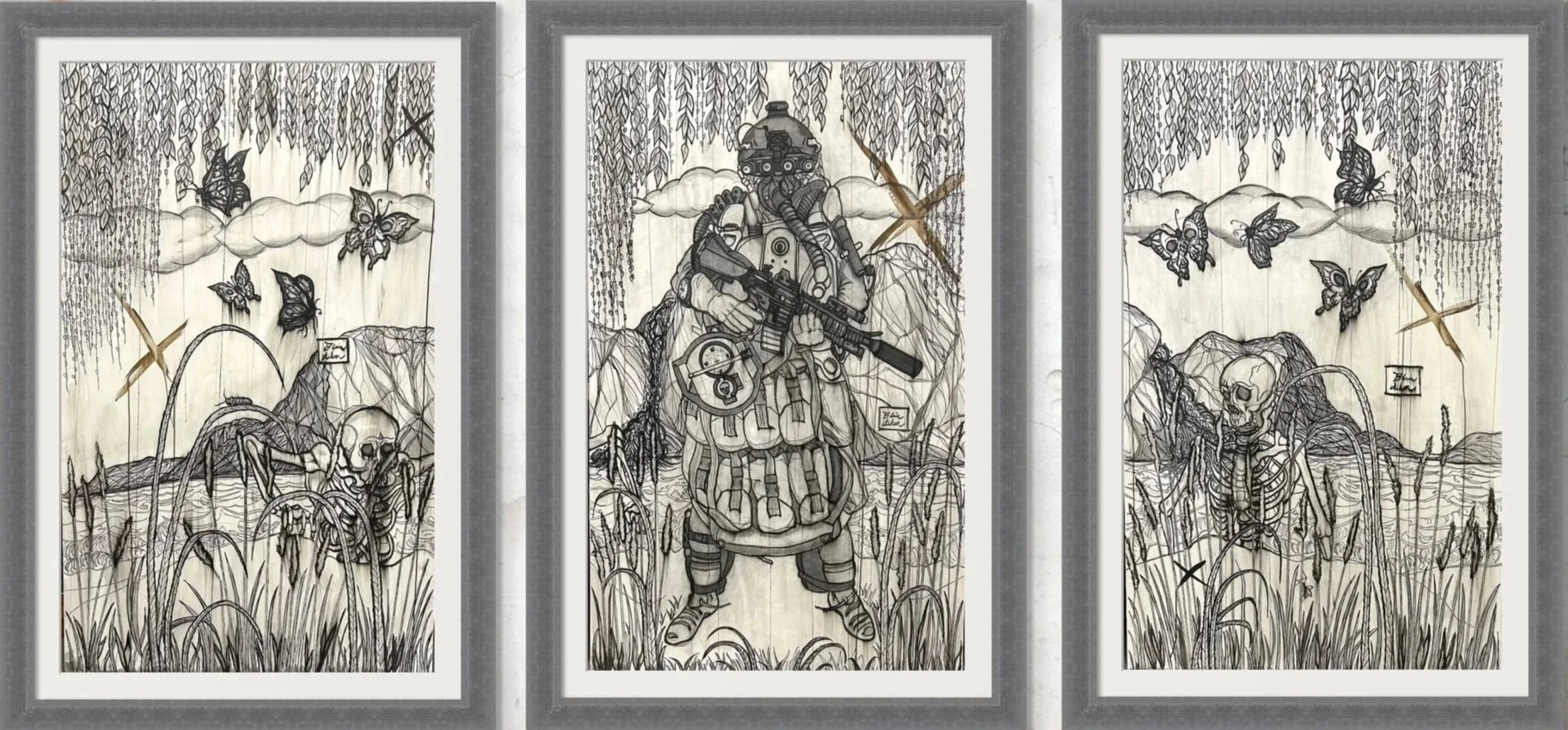 Butterfly Hunter triptych by Blair Aiken – samurai in modern armor pursuing butterflies in floating world