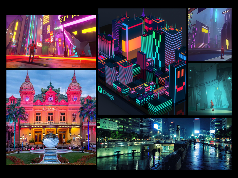 This Mood Board Illustrates what the city would look like during dusk and night time. It would be quite colorful and illuminated as the city the action takes place is is a rather popular tourist destination.