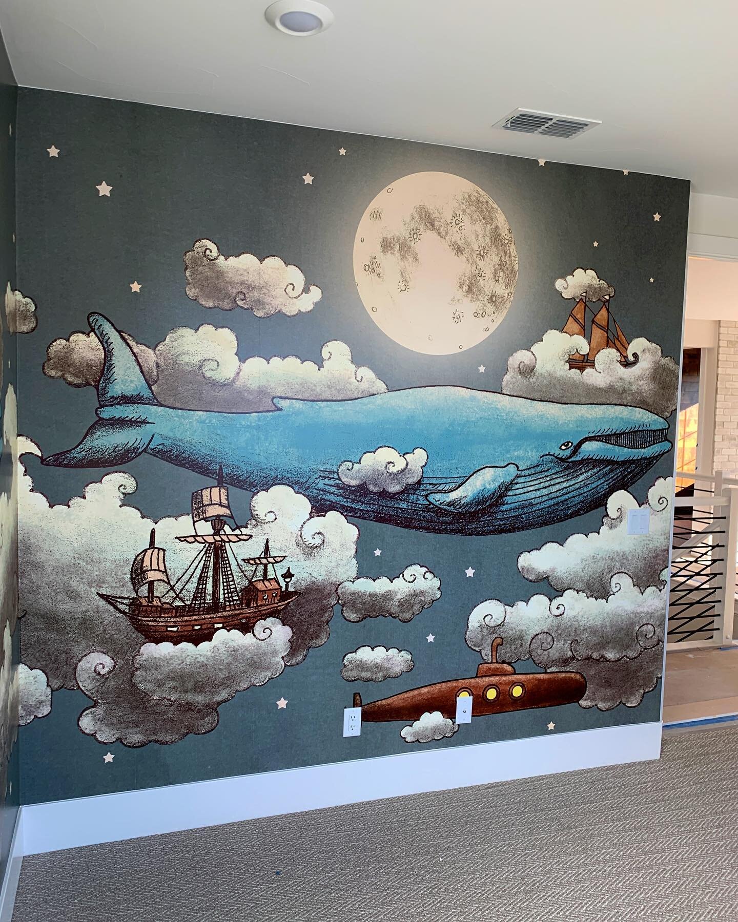 🐳 mural installed on two walls for JMC Homes. We had to work some magic in the corner to try and create the illusion of a match with the leftover scraps available 🪄