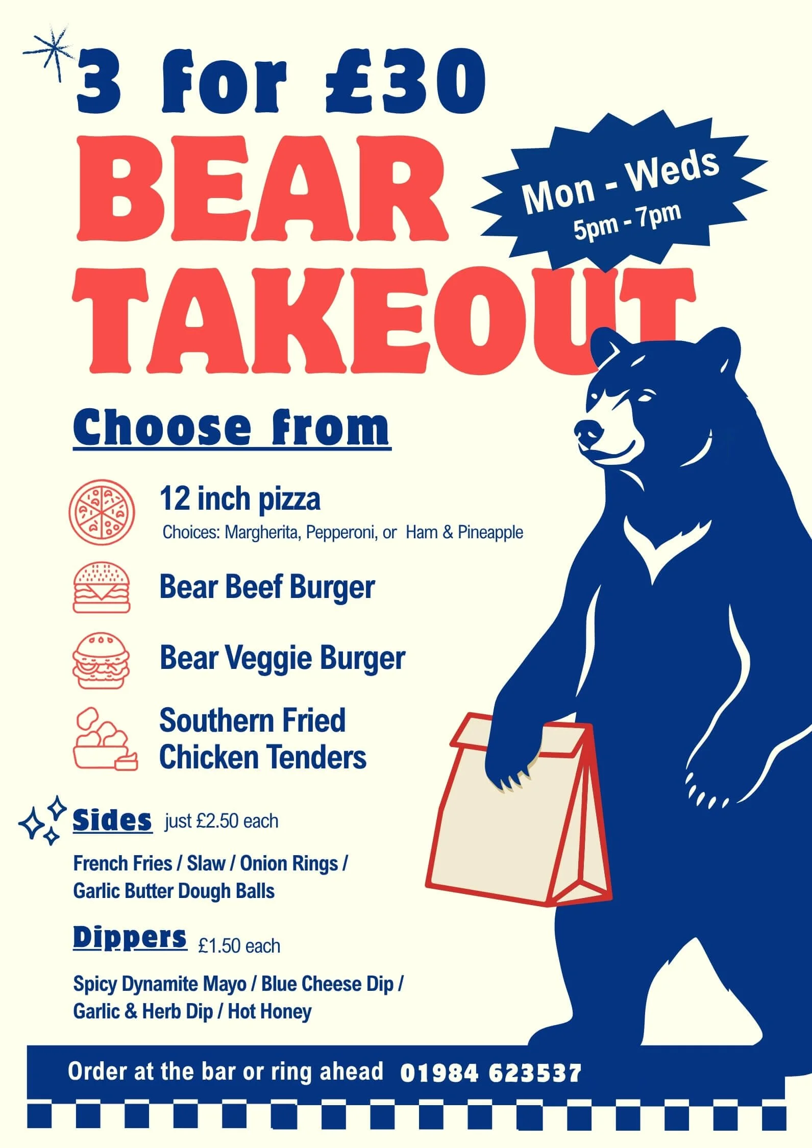 Takeaway menu for The Bear Inn, Wiveliscombe featuring a bear caring a paper bag and a menu of burgers and pizzas