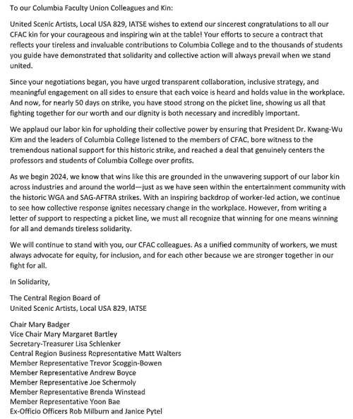 Letters of Support — Columbia College Faculty Union