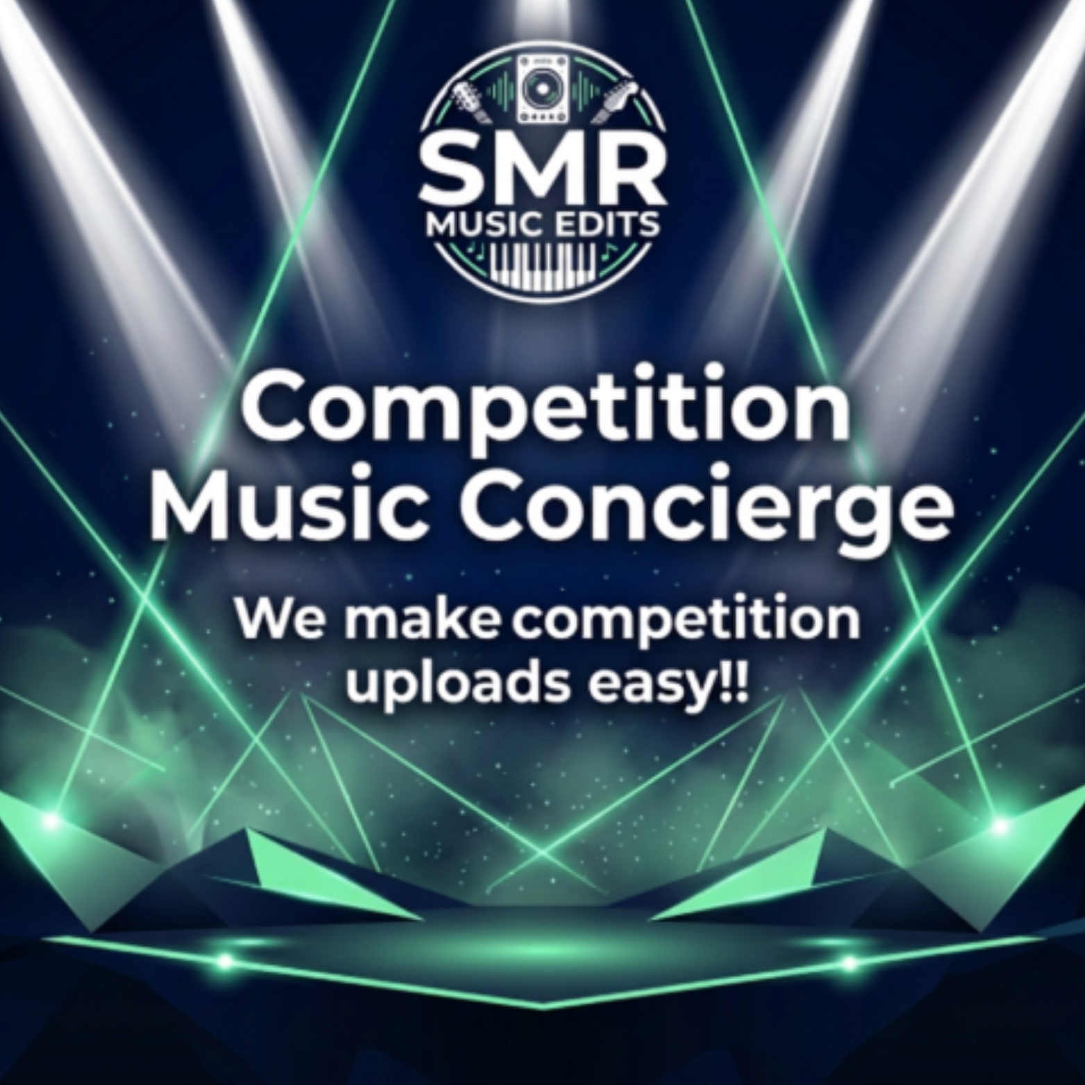 Graphic for SMR Music Edits promoting a competition concierge service, with a dark blue background, green laser lines, and bright spotlights, featuring text that reads 'Competition Music Concierge' and 'We make competition uploads easy!!'
