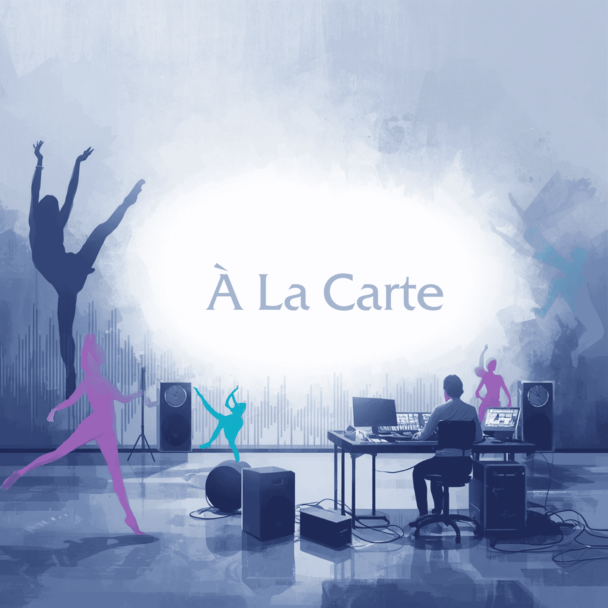 A digital illustration of a dance studio with a DJ at a mixing console, colorful dancers performing ballet and contemporary dance moves, and the words 'À La Carte' in the center.
