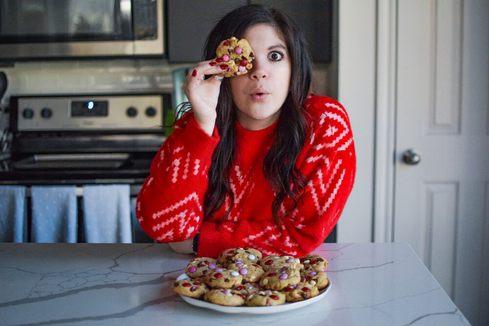 woman showing M&amp;M COOKIE RECIPE