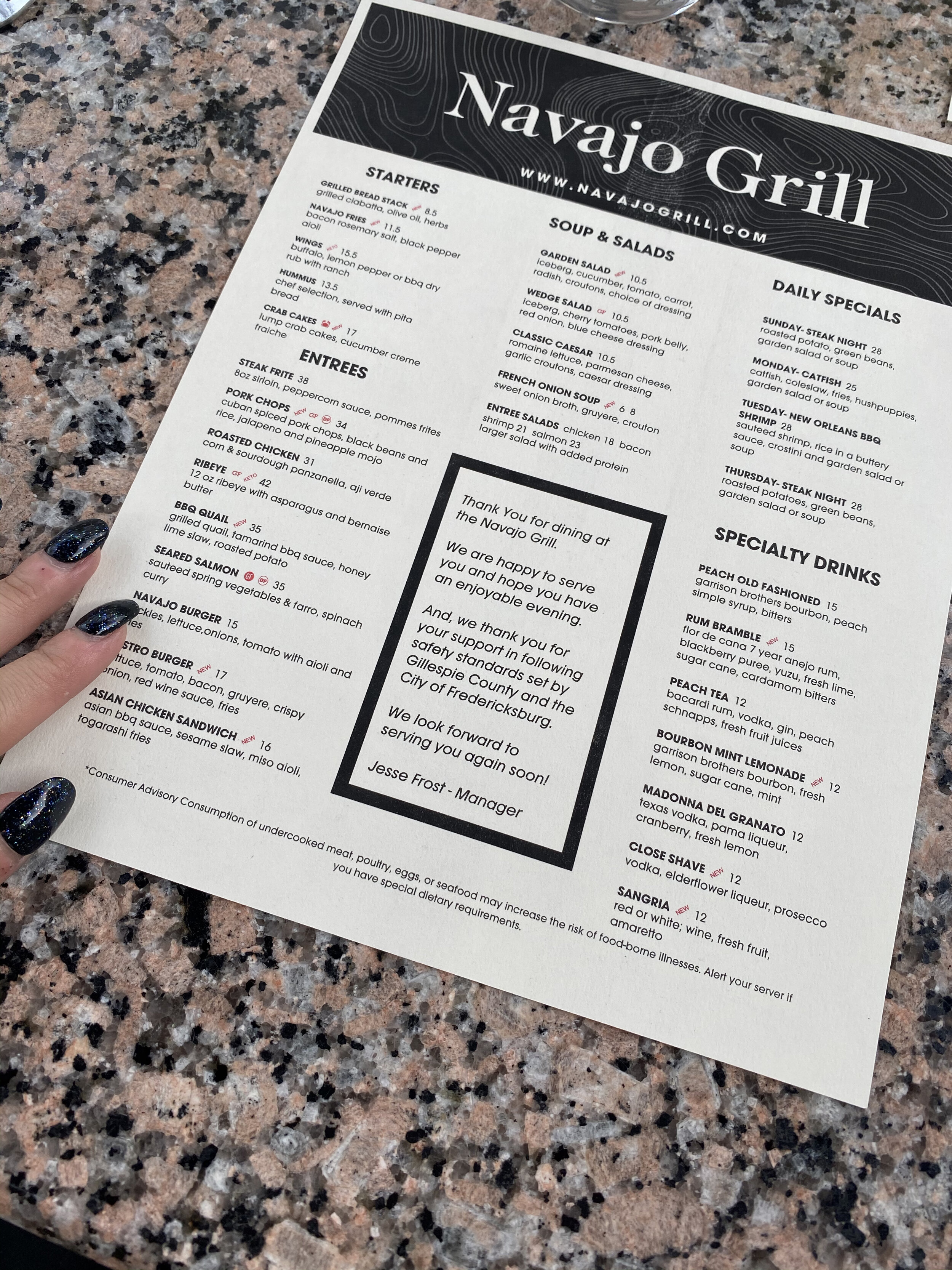 menu at the Navajo Grill