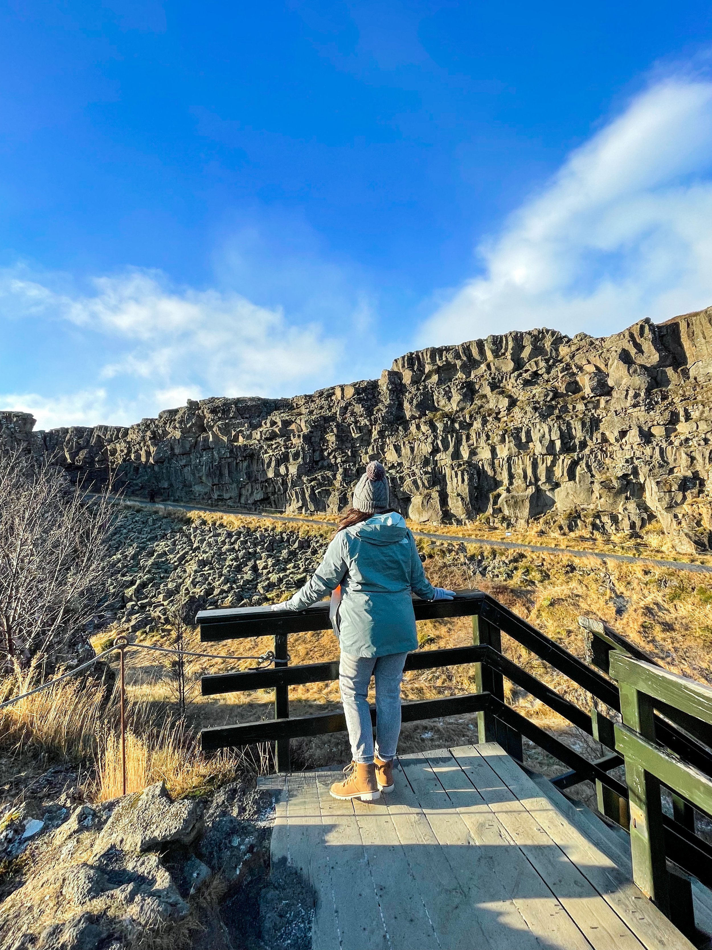 woman standing in the view deck of  the Thingvellir National Park 
