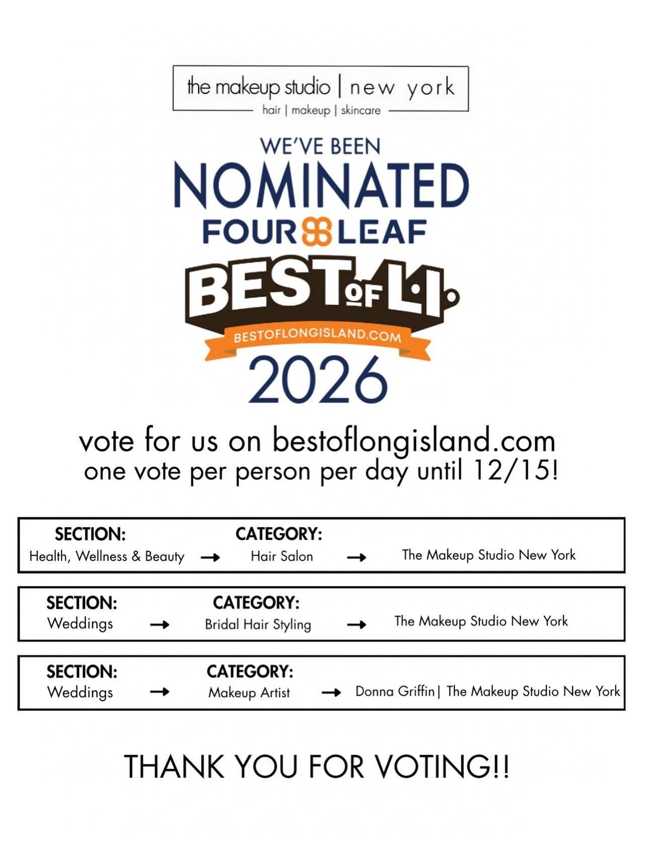 we&rsquo;re SO excited to be nominated in THREE categories!! we&rsquo;re so grateful and appreciative to everyone who nominated us! THANK YOU! voting is now open!! 
&bull;
&bull;
&bull;
#themakeupstudiony #thestudiony #donnagriffin #bestofli #bestofl