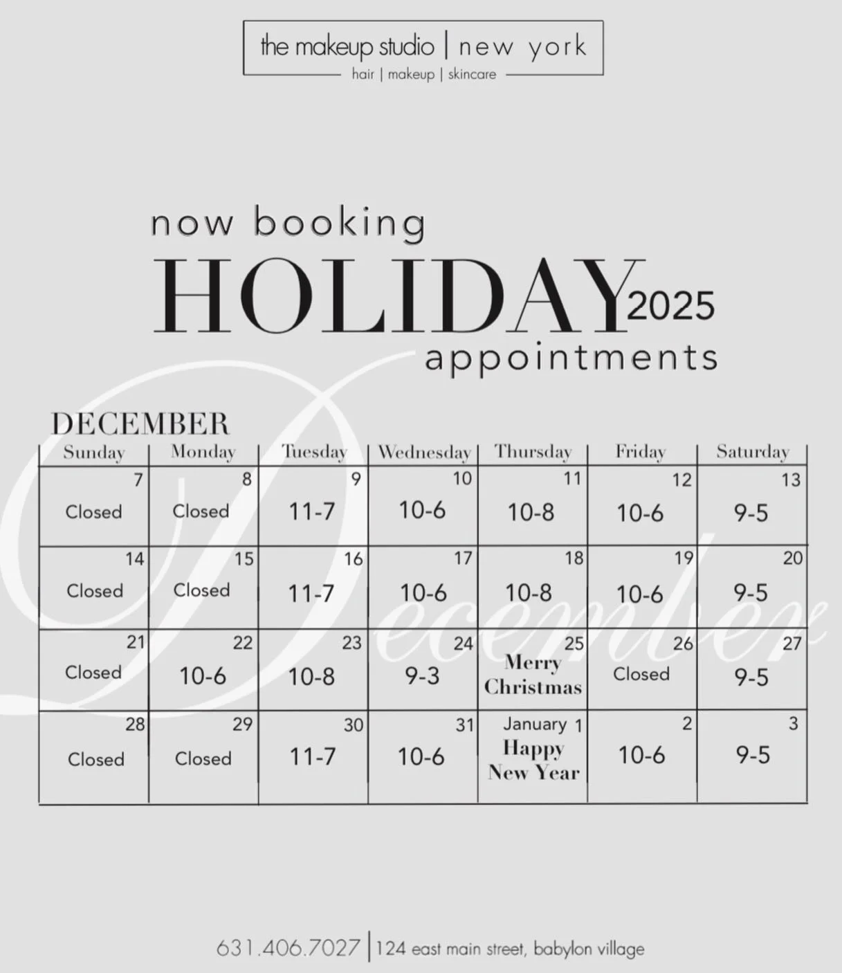did you book your holiday hair/makeup appointments yet?! call us at 631-406-7027 to schedule!
.
.
#themakeupstudiony #holidayhair #hairappointment #makeup #hydrafacial #giftcards #holidayhours