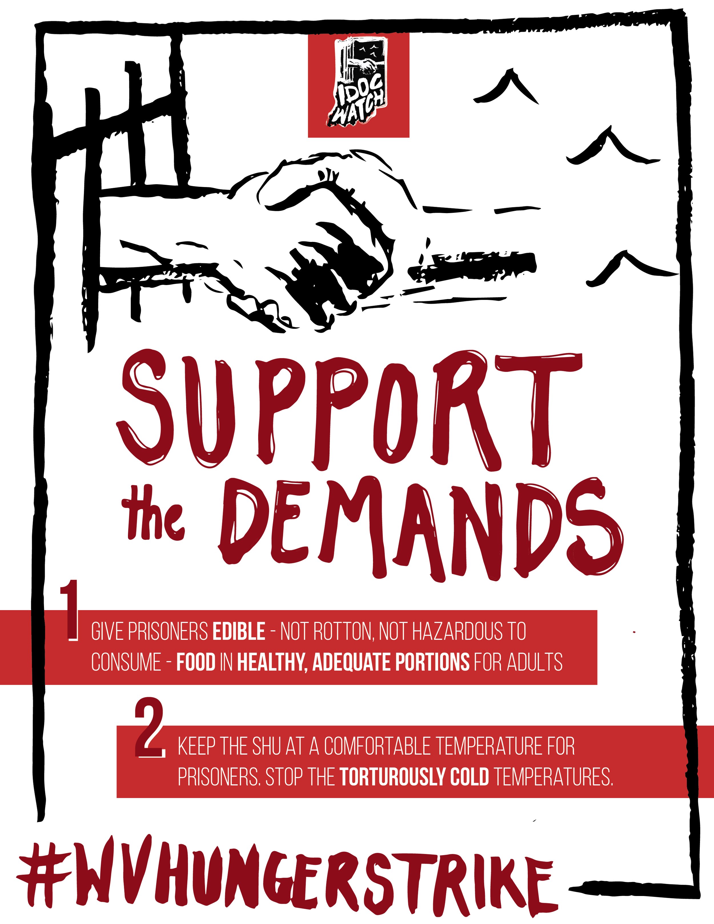 A graphic highlighting the demands of striking prisoners at Wabash Valley during the 2018 Prison Strike.
