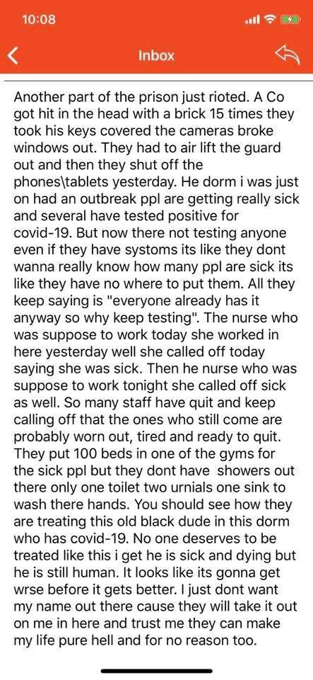 Image of a GTL message from someone incarcerated at Westville CF that was shared in the Convoy of JUSTICE Facebook event page