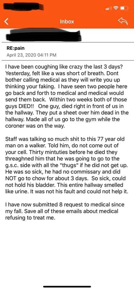 Image of a GTL message from someone incarcerated at Westville CF that was shared in the Convoy of JUSTICE Facebook event page