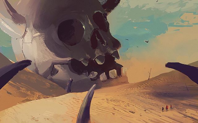 Skull head in the desert with three people approaching. ☠️🏃&zwj;♂️🏃&zwj;♂️🏃&zwj;♂️