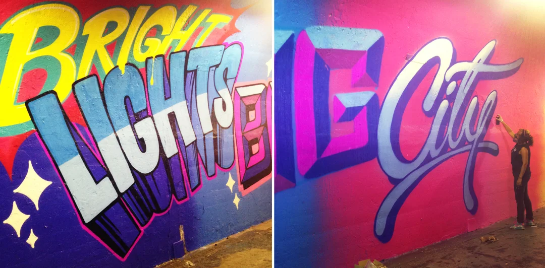 Detail of Andrea’s “Prismatic Power Phrases” mural inside the 191st St subway station tunnel, NYC