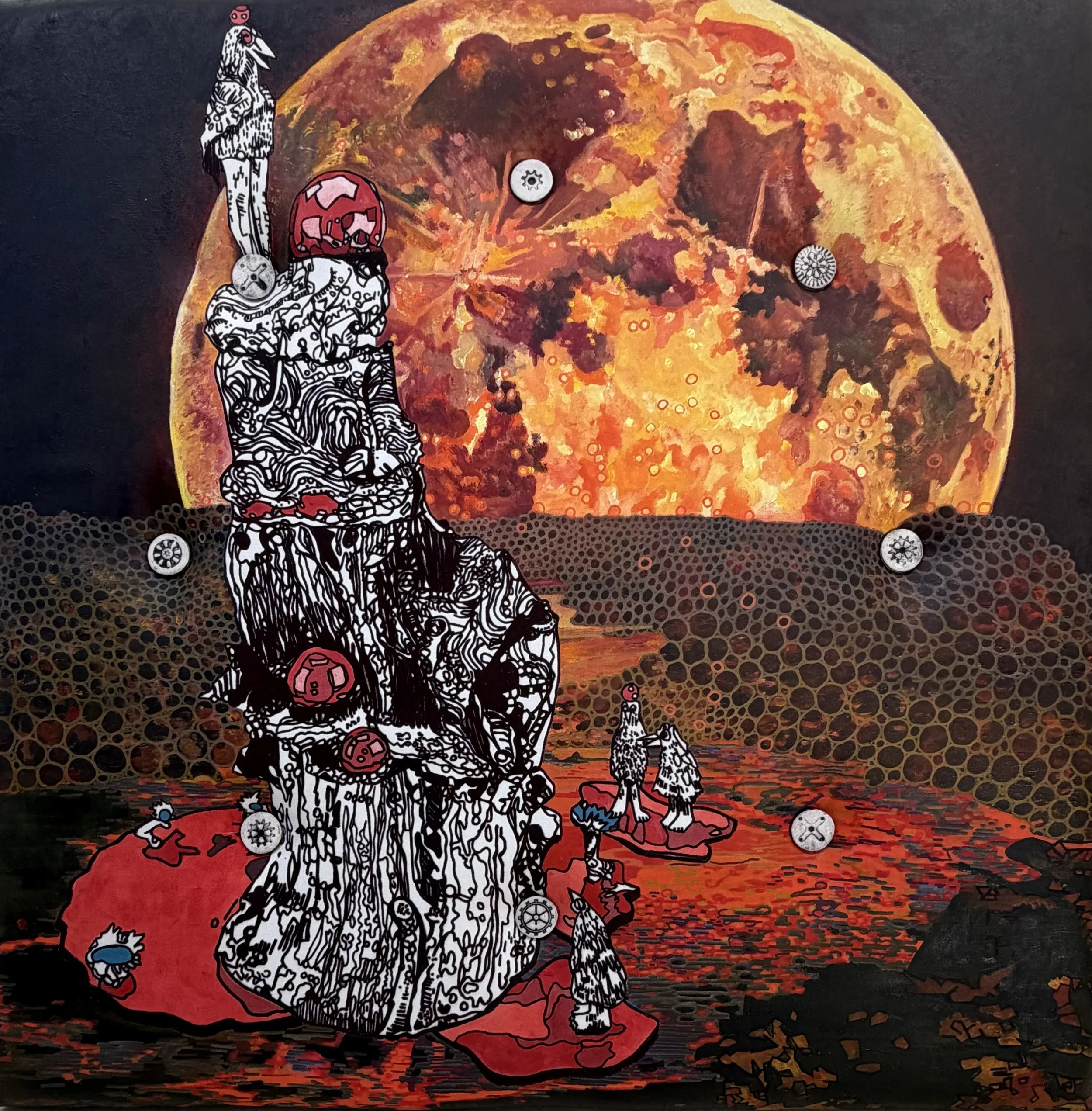 The Night Gathering
Acrylic Painting with Ceramic Buttons 36"x36"x3"
2026