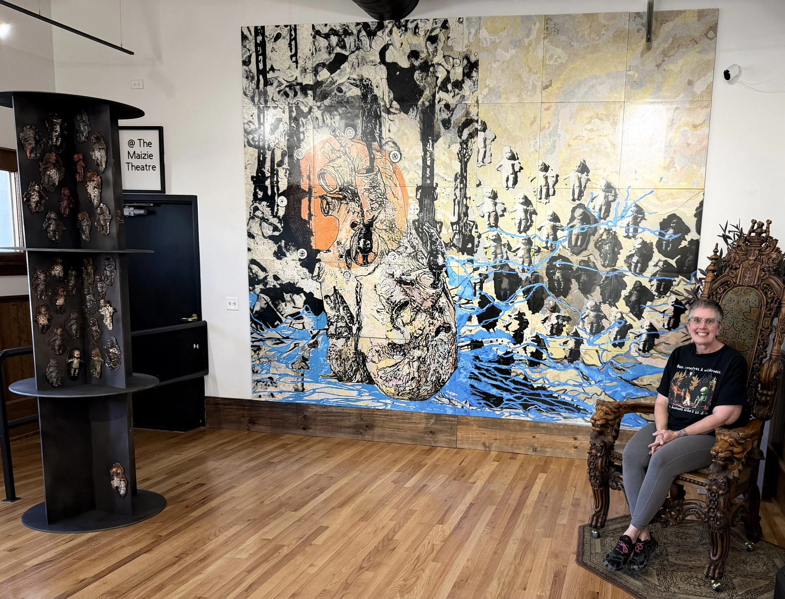 Installation of "Once there Were Water Babies" Brewery Arts Center, 2026. The mural is made of Acrylic on wood panels.