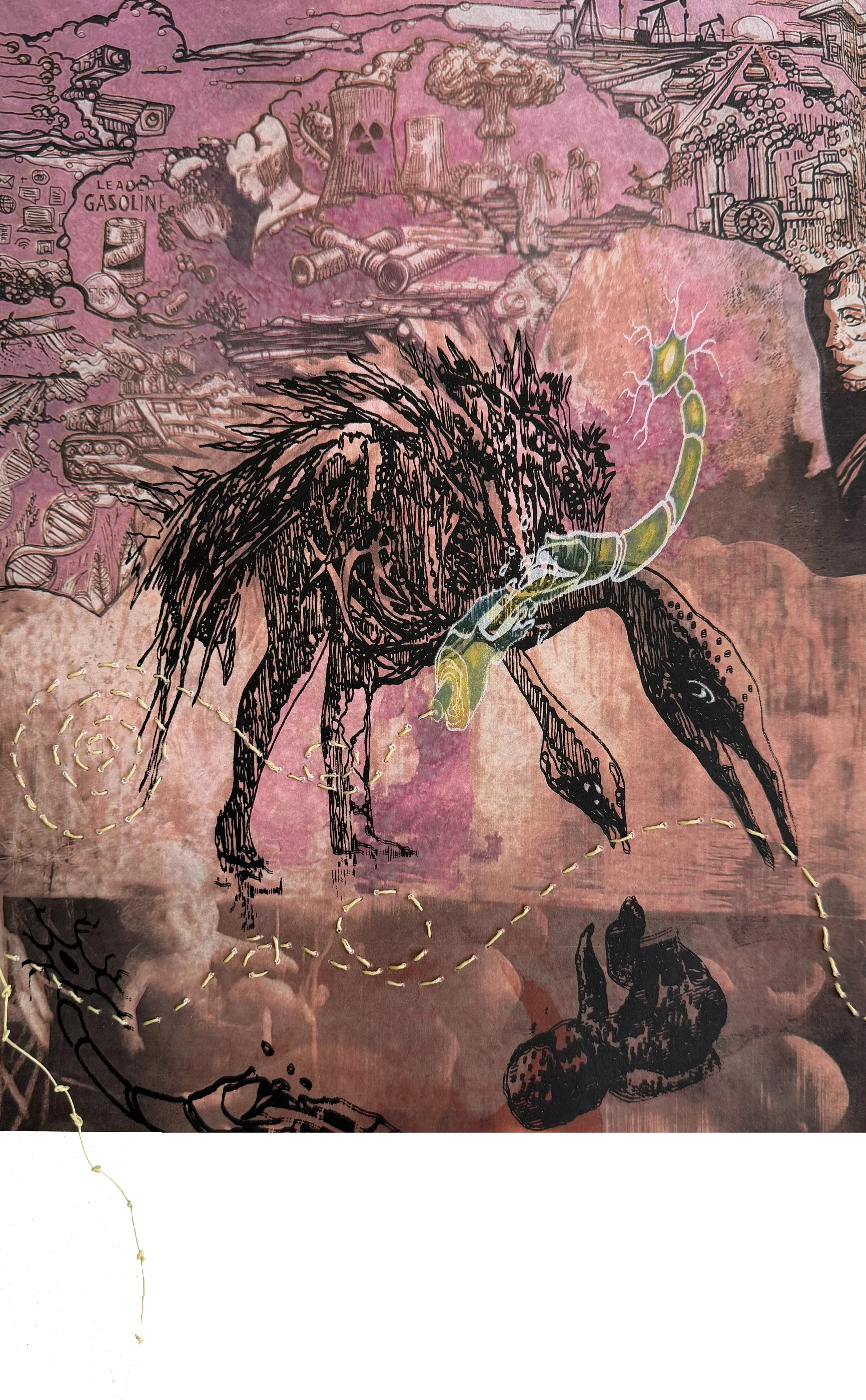 The Good, The Bad, The Ugly
Photopolymer Etching over Digital Background, Screenprint, Hand-coloring, Stitched Thread, 14"x11", 2026