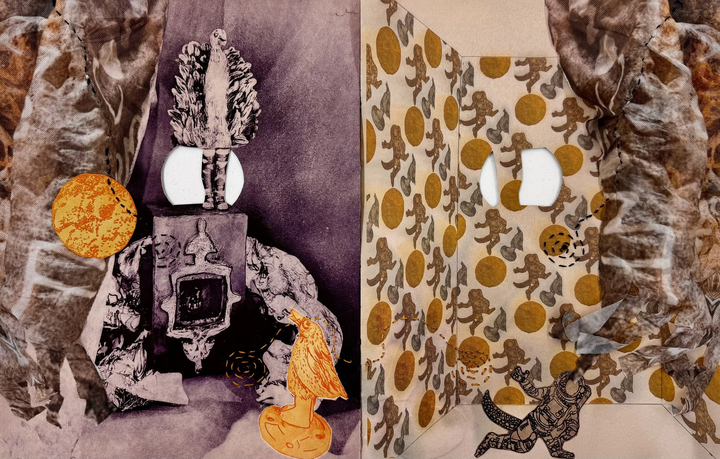 Malasana and the Fable of the Godzilla Astronauts
Photopolymer Intaglio, fabric, digital print and thread on Rives BFK cream
14”H x 11”W
2026