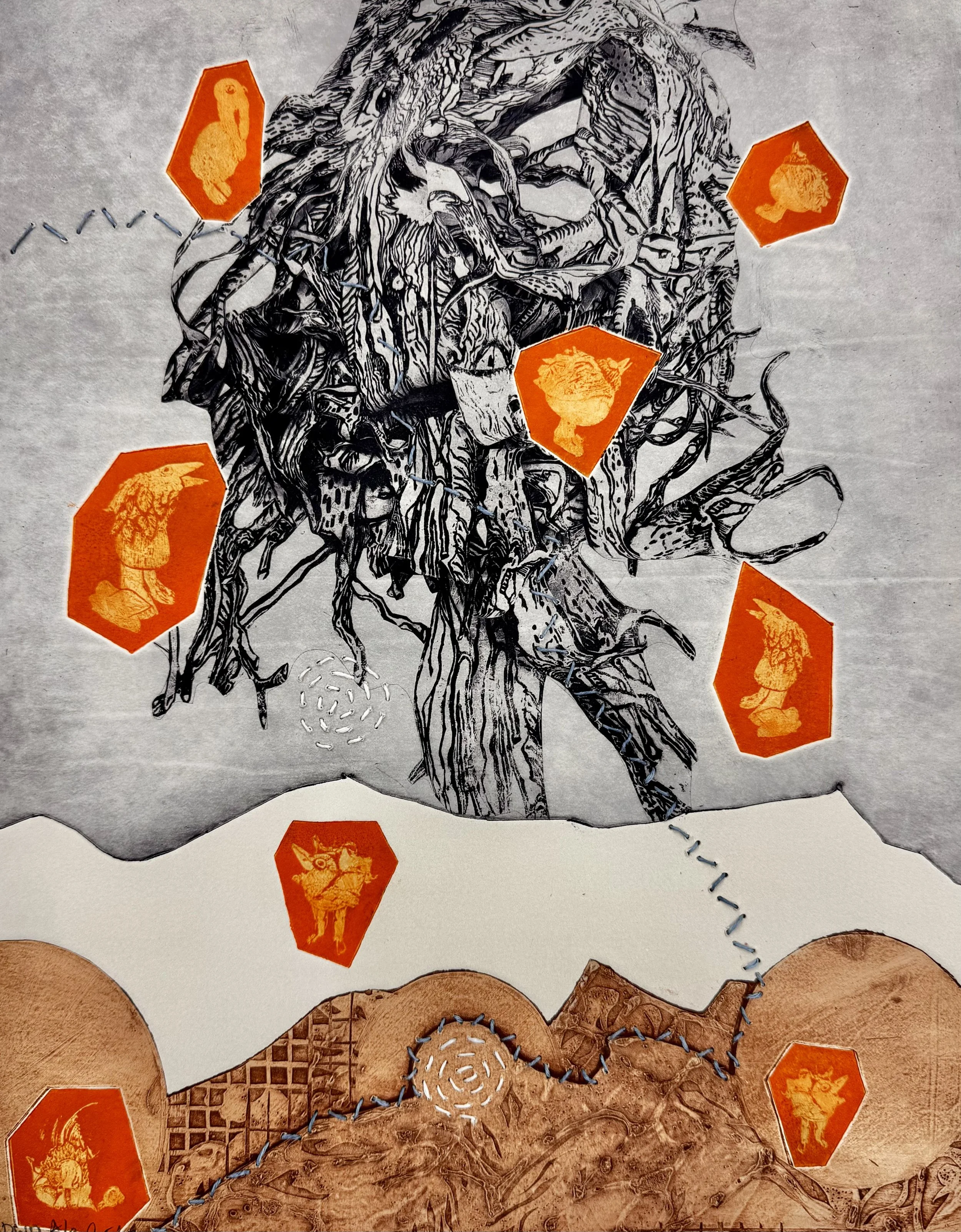 DWD: The day water and dirt divided
Collagraph, Photopolymer Intaglio, Thread on Rives BFK Cream
11”Wx14”H
2025