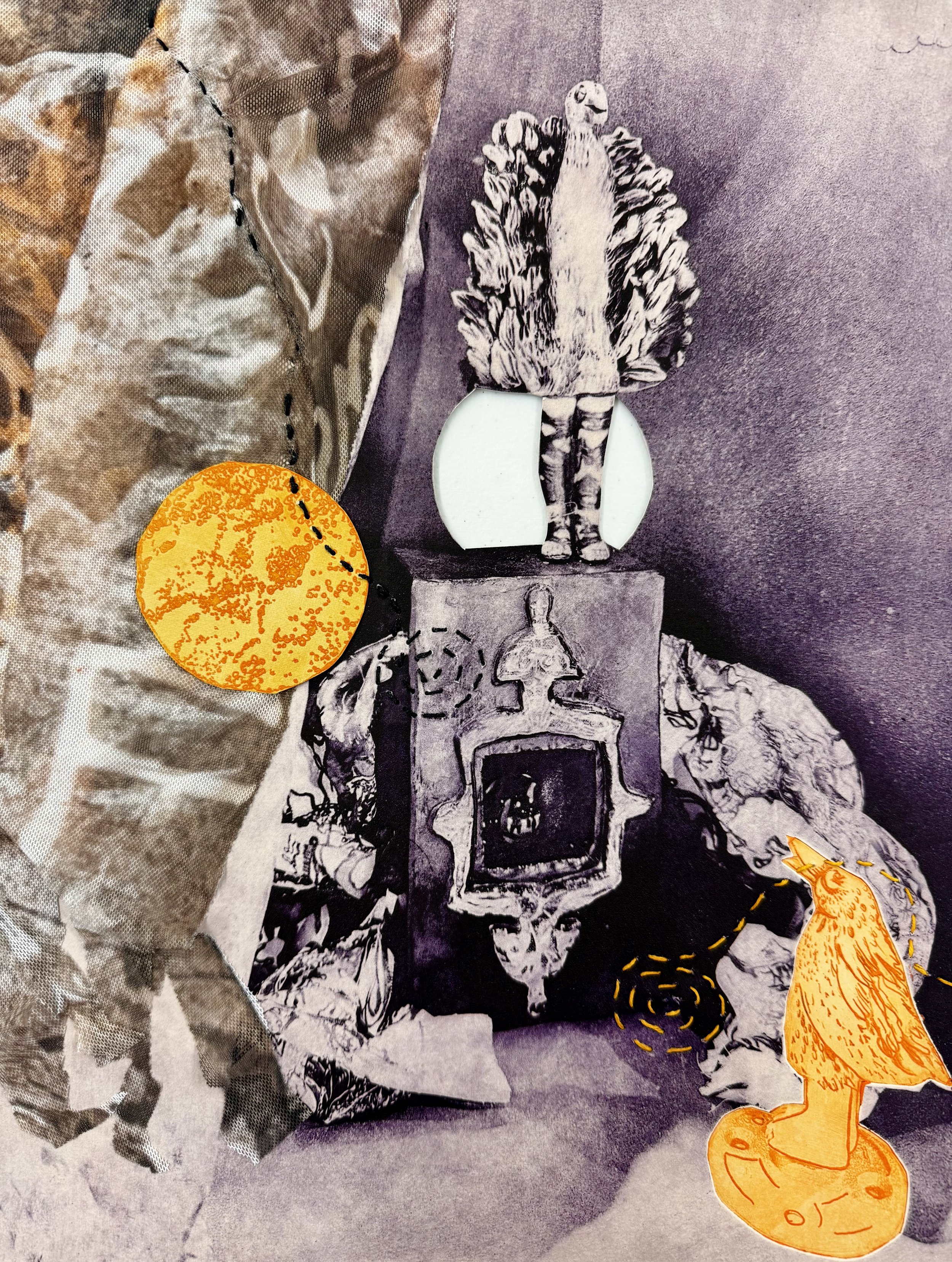 Malasana and the Fable of the Godzilla Astronauts
Photopolymer Intaglio, fabric, digital print and thread on Rives BFK cream
14”H x 11”W
2026