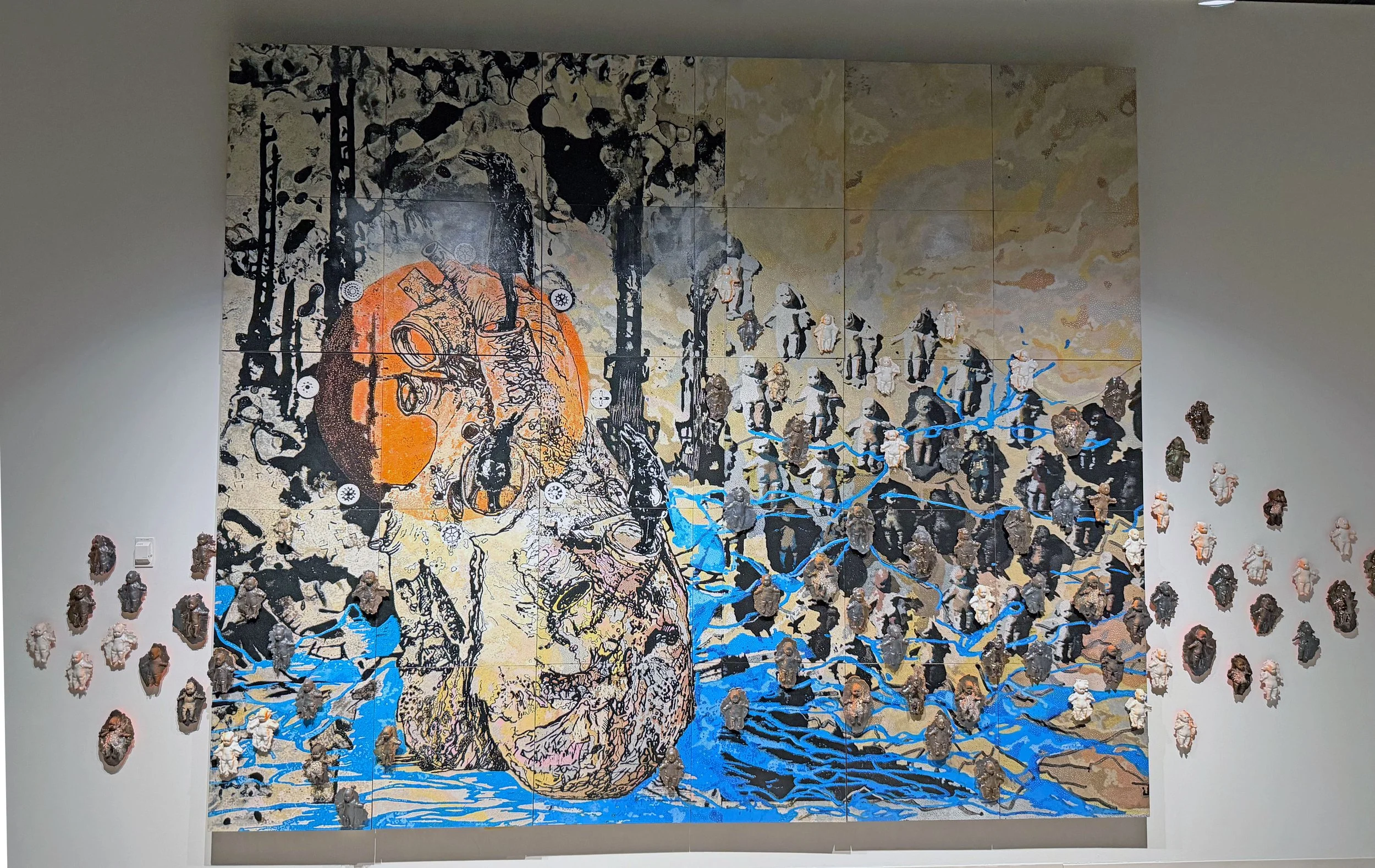 Once There Were Water Babies, 10FT high x 17FT wide x 3IN deep, Acrylic on wood panels, Ceramic