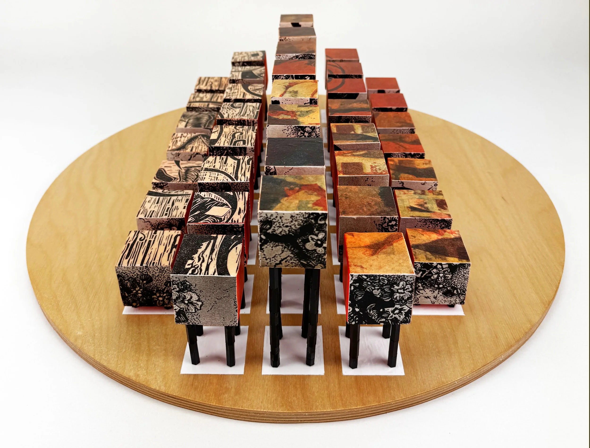 Echoes of a Man-Made Wilderness, Wood, Etchings, Linocut Relief prints, 20"x20"x5", 2026