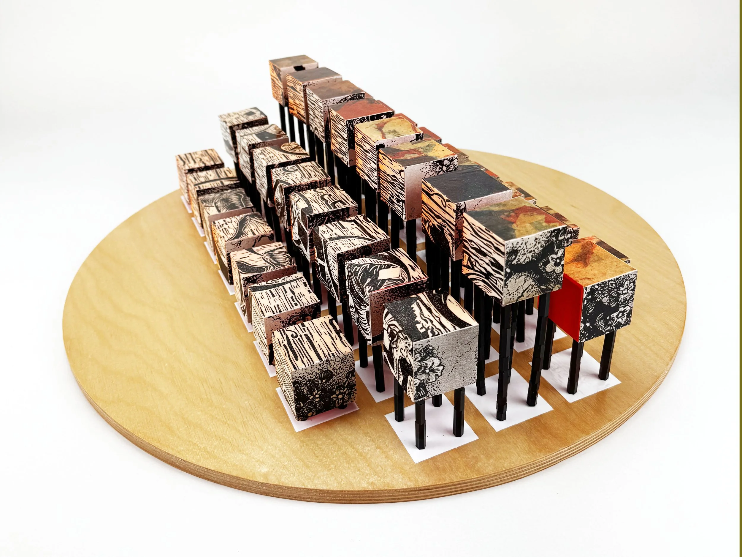 Echoes of a Man-Made Wilderness, Wood, Etchings, Linocut Relief prints, 20"x20"x5", 2026