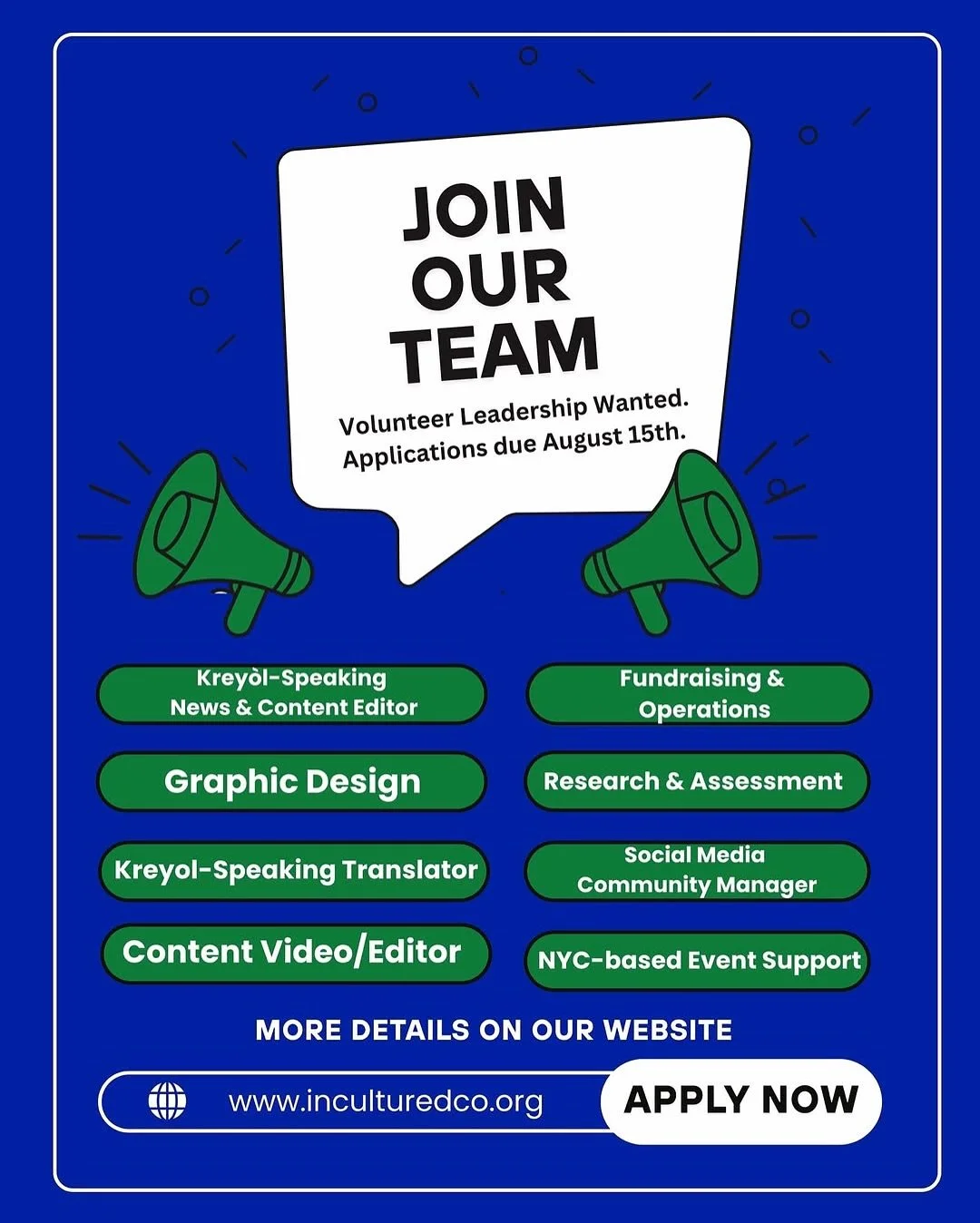 Still time to apply! Applications due August 15th! We are especially looking for krey&ograve;l-speaking volunteers.
&bull;
Did you know In Cultured Company is run entirely by volunteers?

The conference? Volunteer-run!

The Meet-ups? Volunteer-run!

