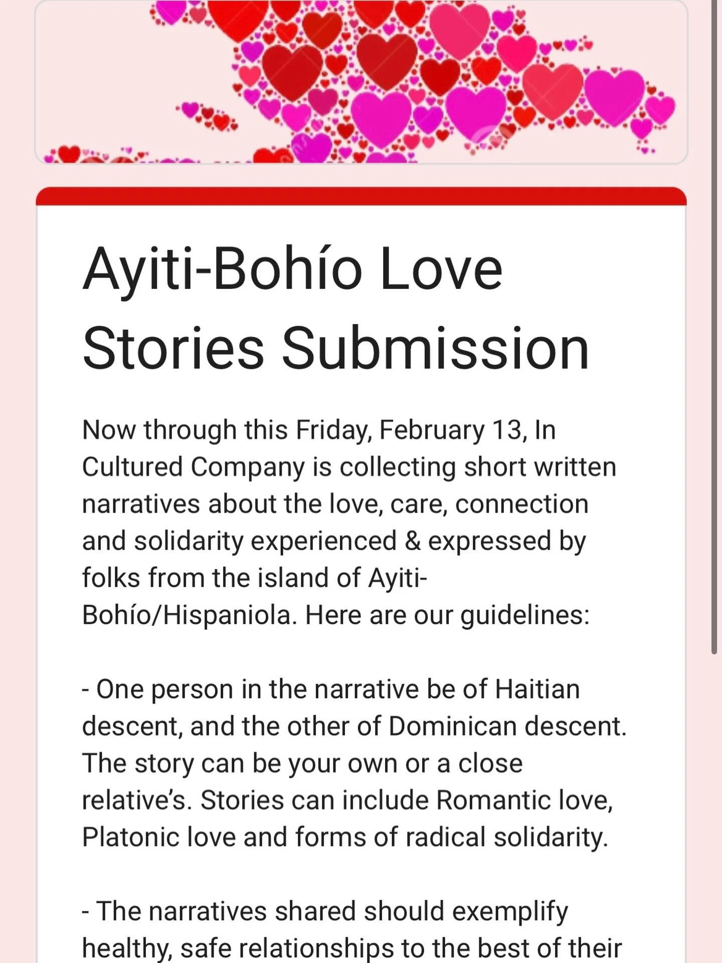 We want to hear from you! Now through this Friday, February 13, In Cultured Company is collecting short written narratives about the love, care, connection and solidarity experienced &amp; expressed by folks from the island of Ayiti-Boh&iacute;o/Hisp