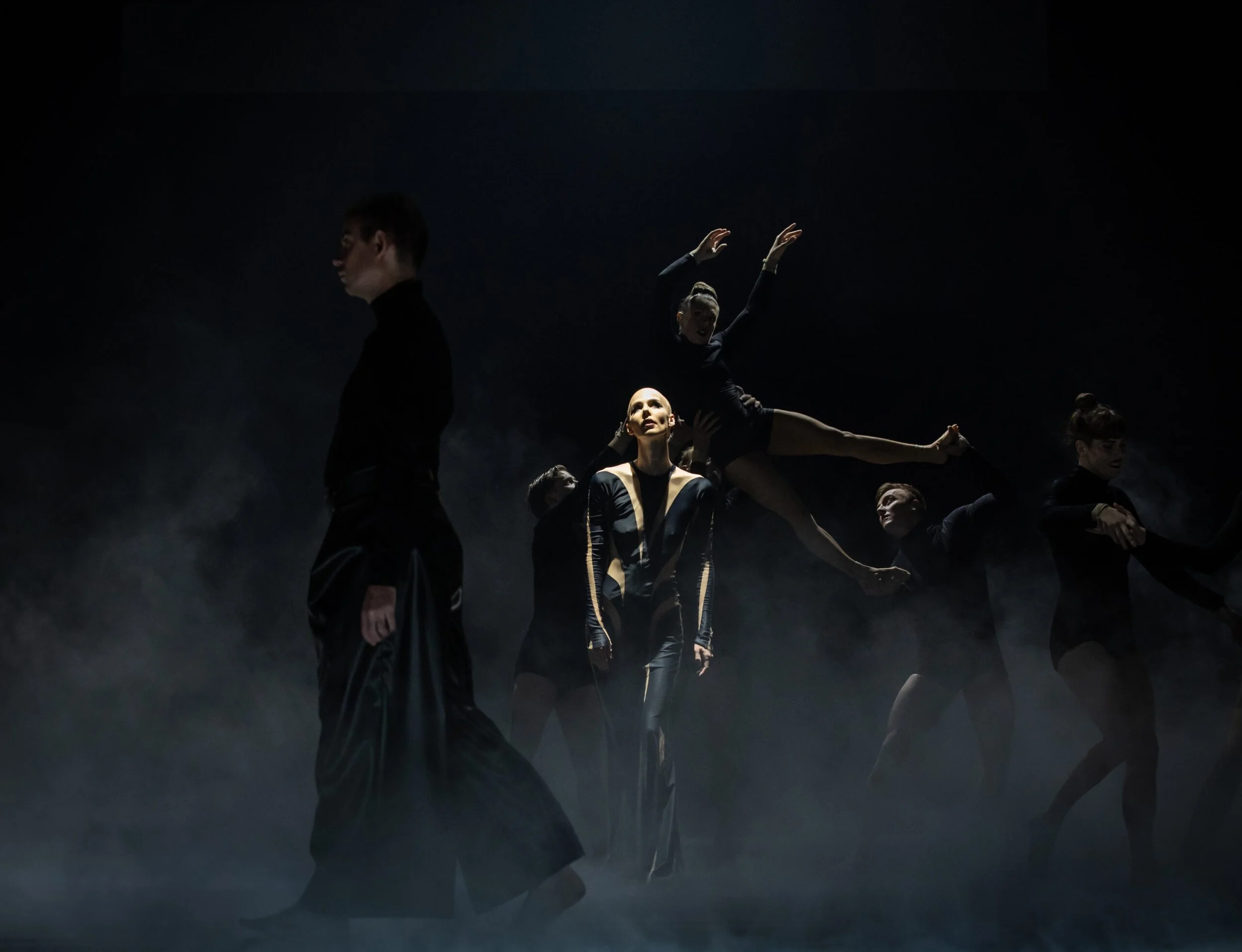 A group of ballet dancers in dark costumes performing on stage, with one dancer elevated in a leap and others supporting and standing in various poses.