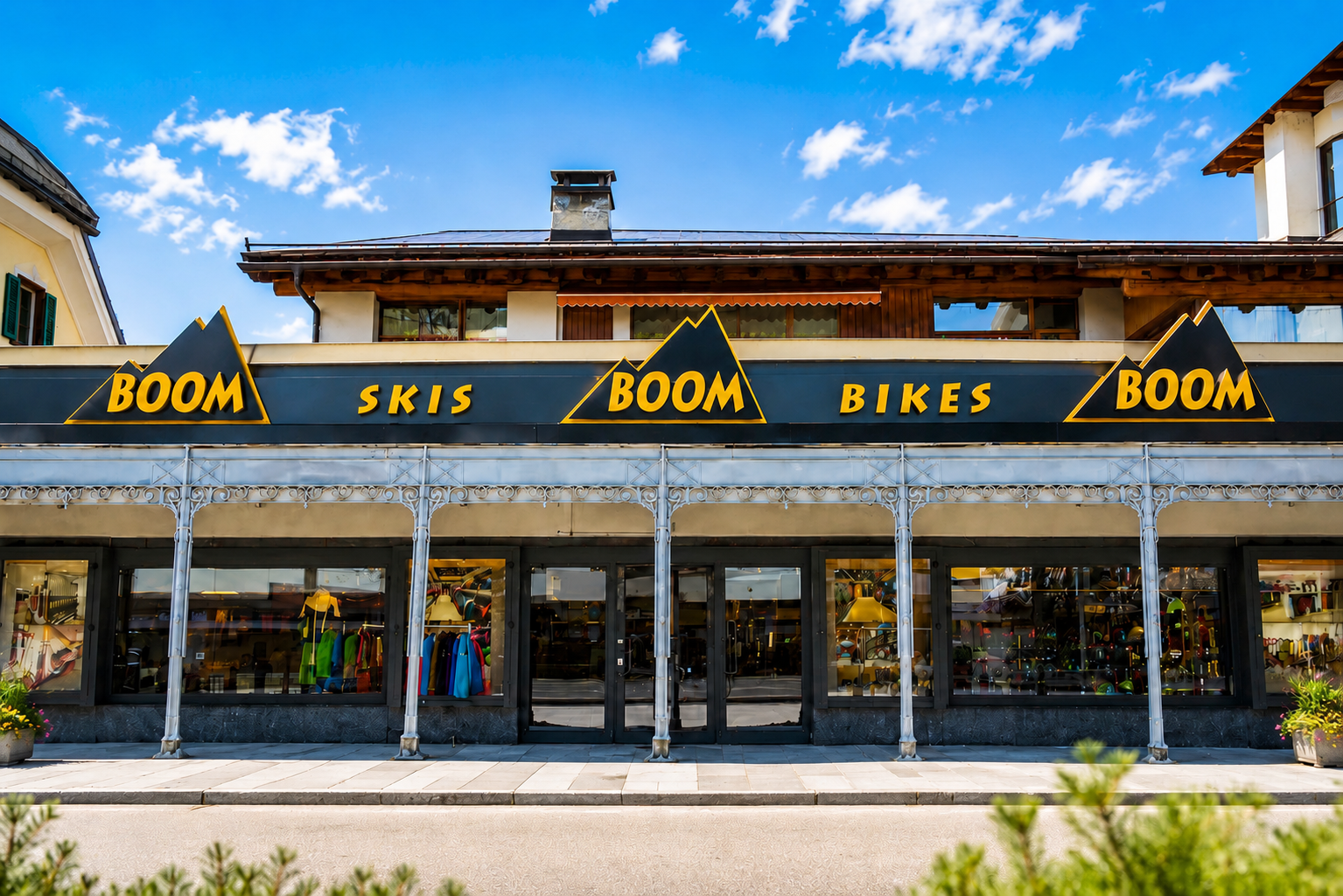 Außenansicht eines Geschäfts für Wintersportartikel mit Schildern "BOOM SKIS", "BOOM BIKES" unter einer blauen Himmel mit Wolken.