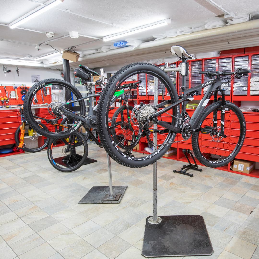 Two bicycles are hanging in a repair shop and are on a lift.