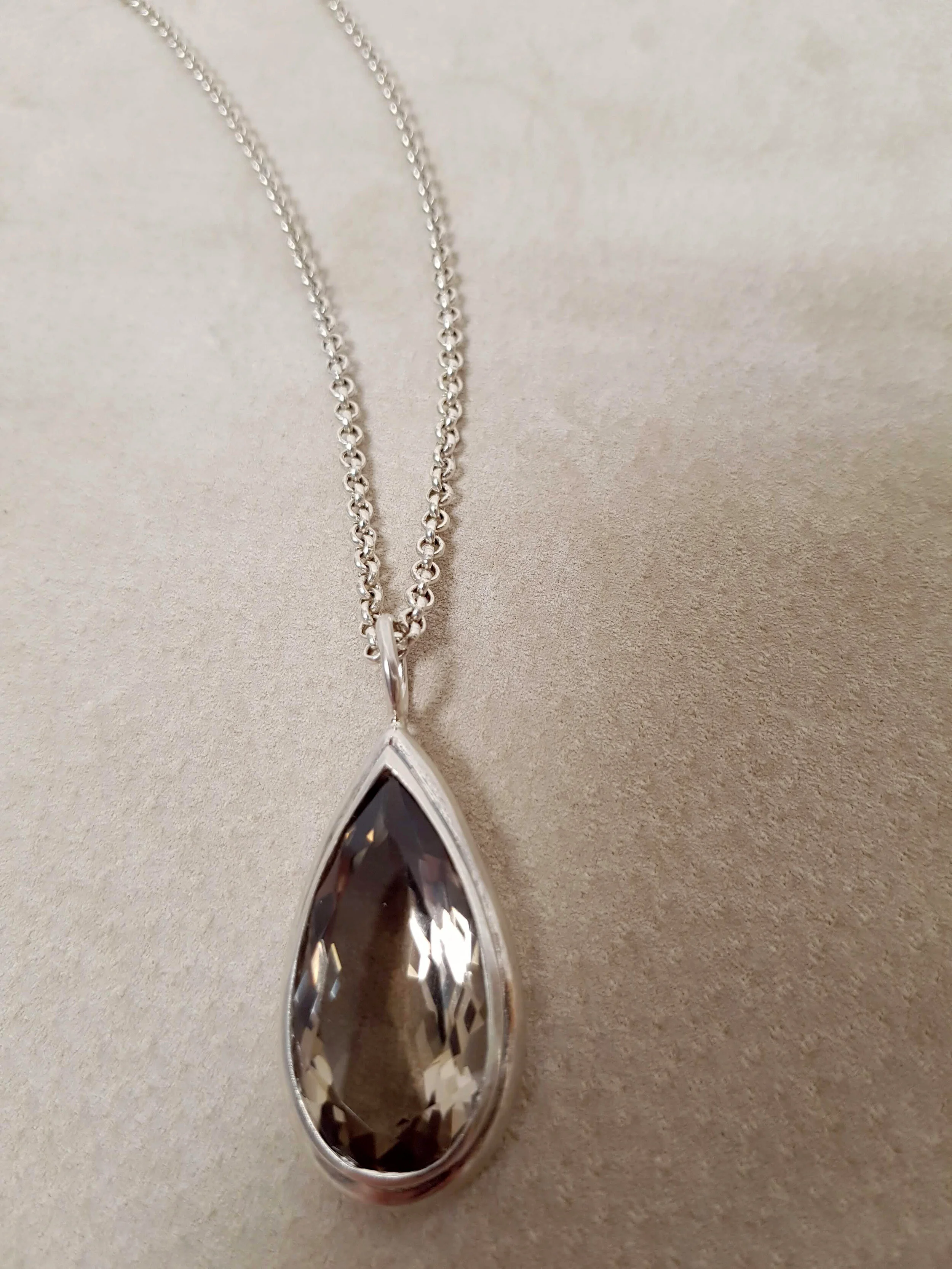 silver long necklace large drop shape smoky quartz pendant
