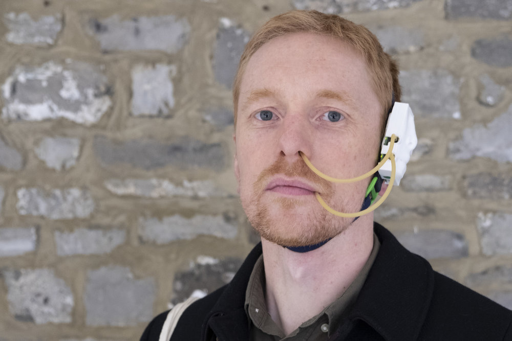 Me modelling headgear worn by visitors experiencing Human Organ Concerto by Jo Caimo