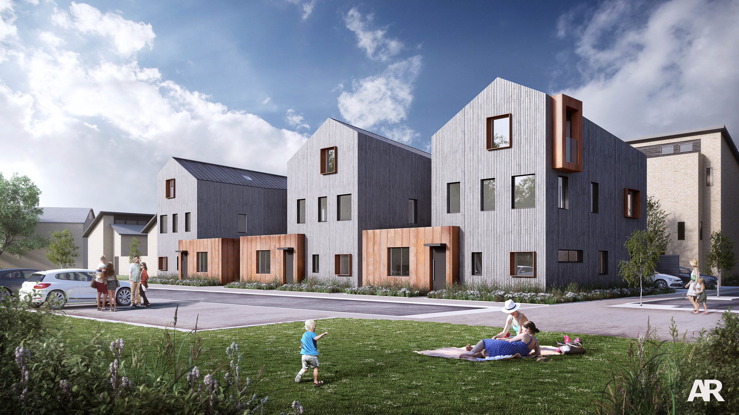 AR Design Studio were approached by the client, Little Acre Developments, to develop plans for a three house development in Newhall, Essex. Newhall is a new community made up of a series interlinked developments by a variety of architects, including Alison Brooks distinguished Newhall Be housing. The site is constrained by existing development and roads to three sides. As a result the design needed to address each street frontage while making the most of views over the neighbouring woodlands. The design of the houses is a response to the street scene. Each three storey house features a primary timber clad unit with a single storey element that affronts the street. The result is that the site retains visual permeability between each house while the single storey elements create a sense of unity and horizontality at street level. These spaces contain the living room, which are provided here to establish a double aspect, with views down the garden of each plot and out over the road onto the woodlands. The rear of the ground floor features a large kitchen and dining space, which opens out onto the garden and shares a courtyard with the living room. At each street corner, oriel windows are used at second storey, clad in the same metal as the ground floor to allow each house to turn the corner and address each street through a material relationship. The houses slope from front to rear in order to reduce the visual mass of each house and minimise overlooking to the neighbours and maximise the amount of natural light available to each garden. The result is a set of houses that respond to both its setting within Newhall and position on the urban fringe, taking influence from both in terms of massing and materials from the urban and the surrounding woodlands.