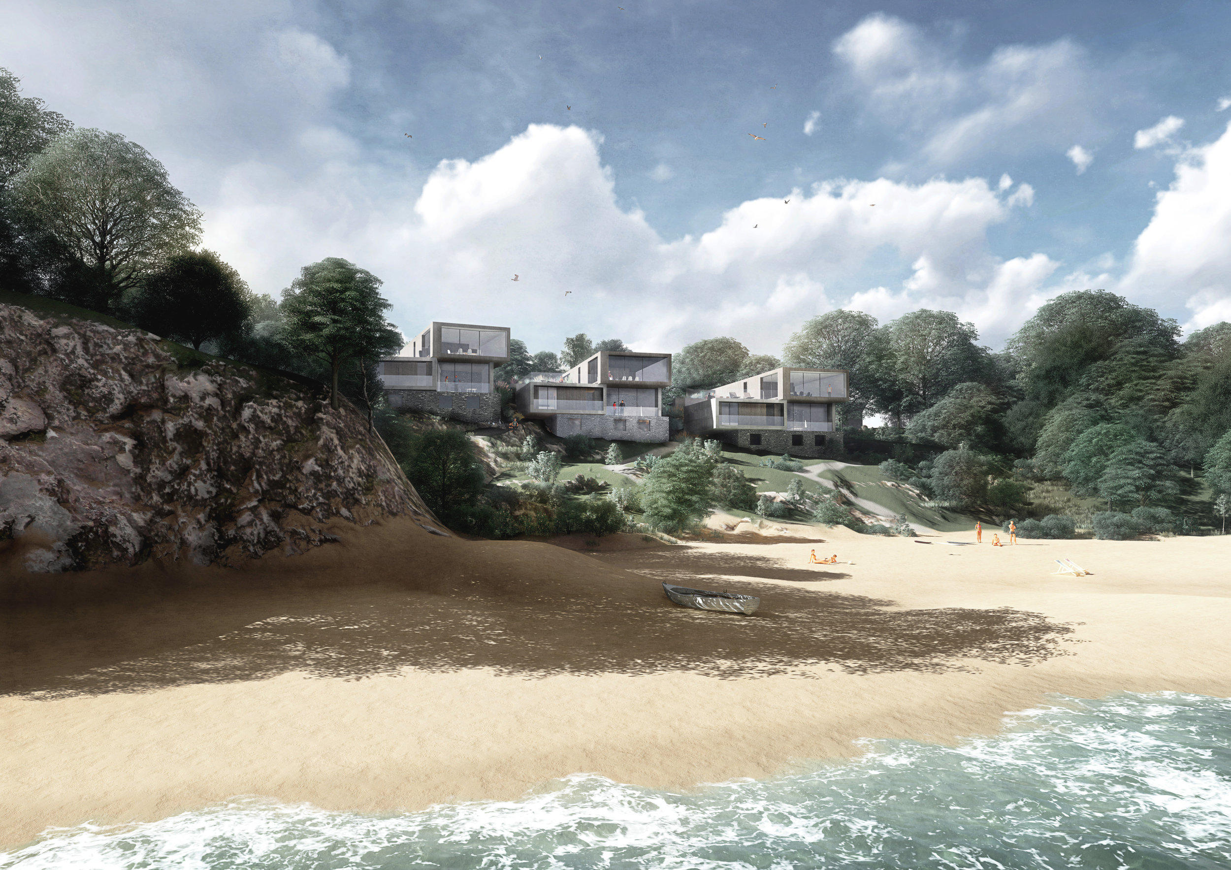 Situated on the Jurassic Coast, the three house development sits above the public beach Castle Cove, overlooking the Portland Harbour. The area is famous for its sailing and water sports, hosting the Olympic and Paralympic Sailing events in 2012. These ideal views are enjoyed throughout Weymouth, however on the site of Castle Cove, these have come at a price. The site constraints include a Site of Special Scientific Interest and World Heritage Site at the base of the site, as well as land instability, which is common along this area of the coast. The condition of the site is deceiving with the existing ground condition hidden under dense hedgerow. The public footpath leading down to Castle Cove beach has already been victim to this instability, the remaining path now a dirt track for those who choose to access the beach at their own risk. Due to the constraints on site, the massing was kept similar to that already approved. AR’s contemporary approach focused on simplifying the massing and materials to create a set of stream-lined, modest homes. Spread over three floors, the house is designed to appear at one storey from Old Castle Road, a flat roof employed for minimum impact. Two elements sit below, pushed around a central core to break up their mass. The façade is opened in spaces to capture aspect, and the pods rotated to avoid overlooking between the houses and maximise views in all directions. Finally, the two lower floors are submerged in the landscape, obscuring the lower elements.