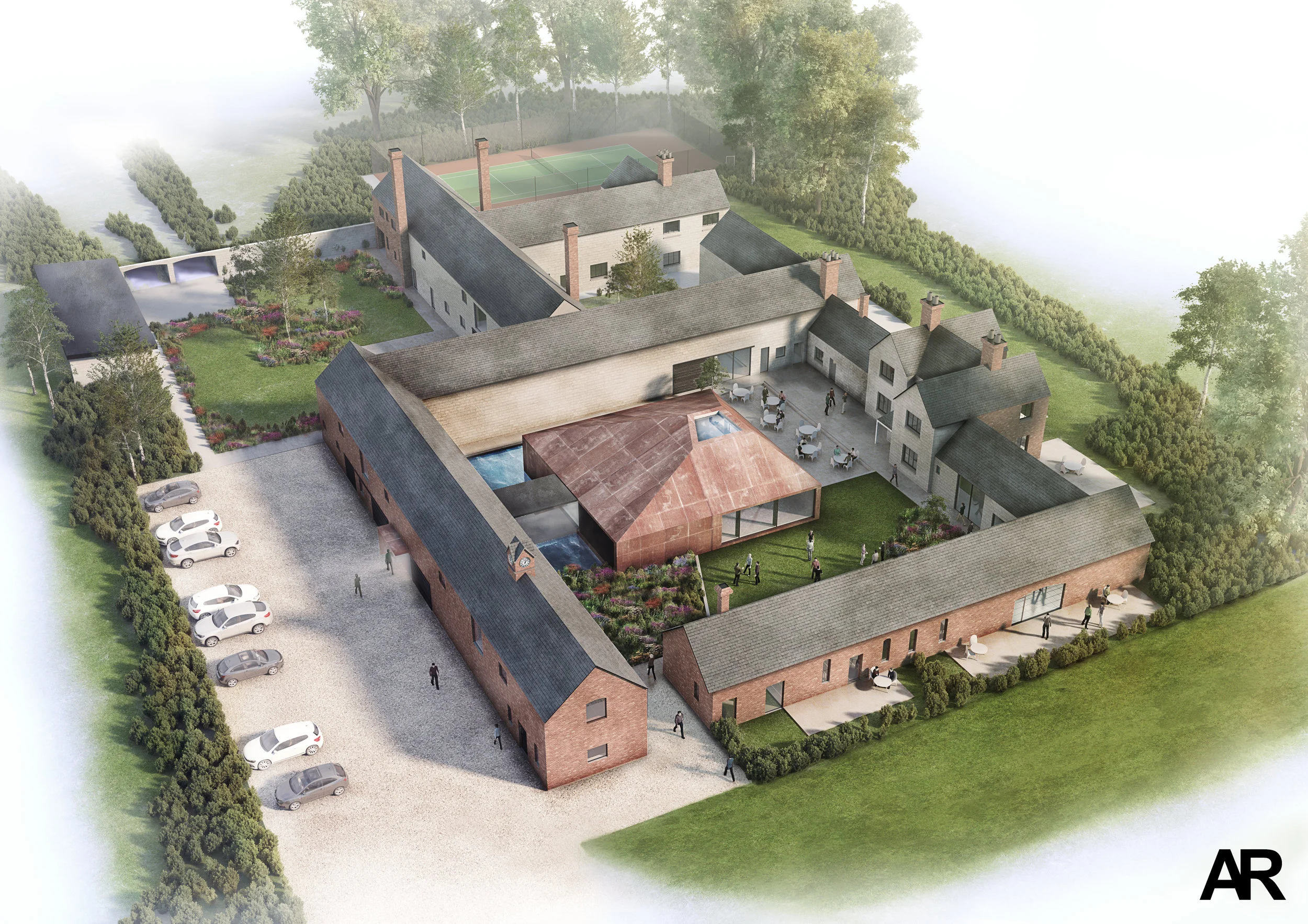AR Design Studio has designed a spectacular new events and hospitality venue within a Grade II Listed farmstead in Hampshire. The proposal renovates the derelict farm buildings, saving the valuable historic fabric, so once again the 19th century buildings are available for use. The design includes a combination of accommodation, conference, and leisure facilities which would overlook the stunning natural beauty of the farm countryside. A contemporary pavilion is centrepiece, clad in weathered steel it would naturally rust to form its own protective coat and create a textural, quality aesthetic that relates to the historic industrial use of the site. Scheme: Extension & Refurbishment Location: Alresford Image: AR Design Studio