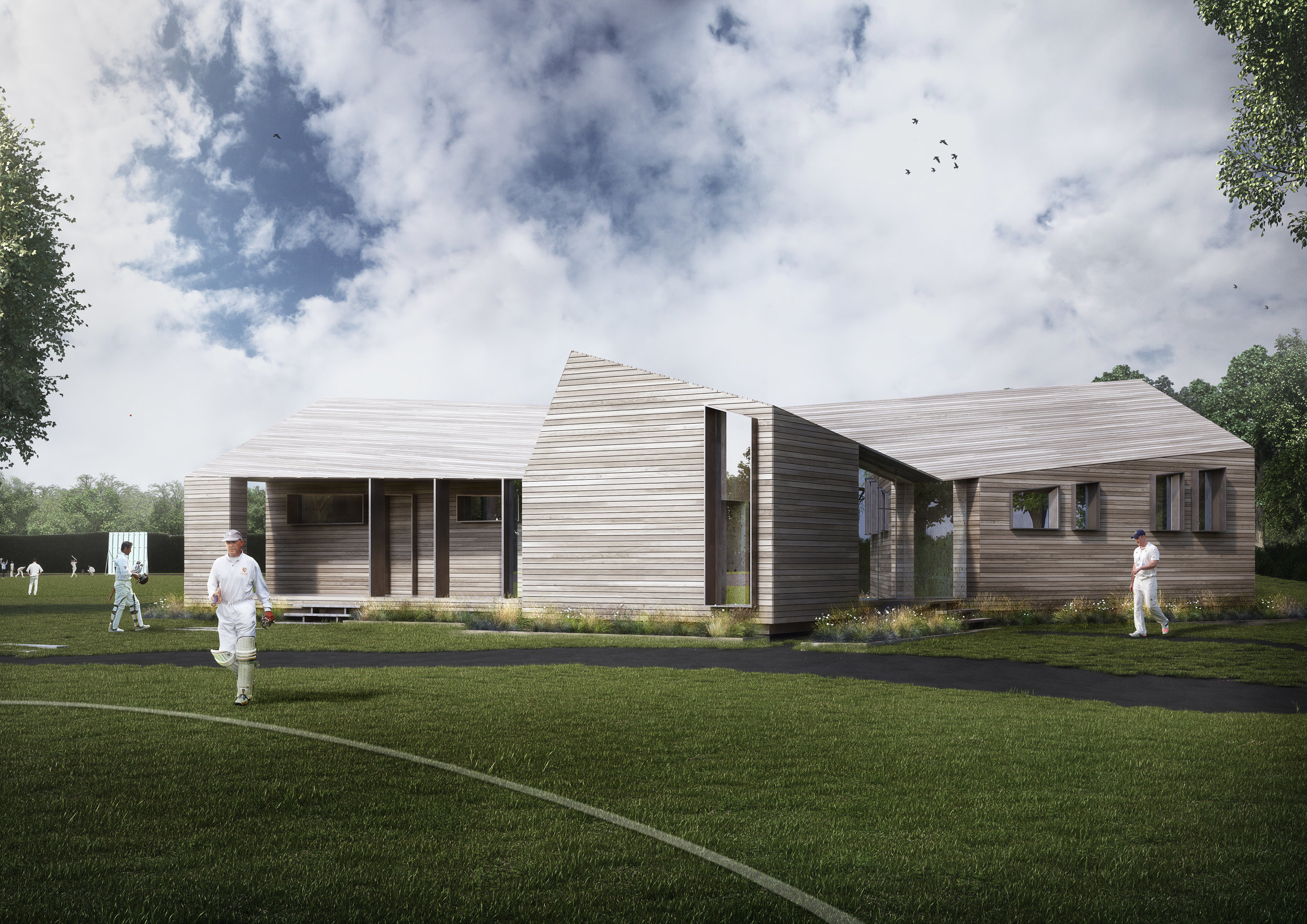 The Pavilion Project, a not for profit community-led organisation, was set up just over a year ago by a group of local people. After approaching Winchester City Council to seek permission to propose an enhanced replacement facility, The Pavilion Project approached award-winning Winchester based architects, AR Design Studio, who came up with an imaginative and bold conceptual design inspired by North Walls Recreation Ground’s setting. The design is inspired by the location of the new building where the three paths meet, to give a three pointed plan that follows each route. Two of these points will provide changing facilities for four teams, designed to ECB guidelines. The third point houses ancillary spaces, the central area a kitchen, bar and lounge, all with views over both pitches internally and from covered external terraces incorporated into the overall form. The asymmetric variation of the design helps to break up the solid nature of the building and allows it to sit comfortably within its surroundings. When not in use, metal sliding shutters will enclose the building, ensuring security and robustness. — “AR Design Studio’s concept is really very clever and sensitively conceived. It complements its surroundings, serves both the pitches, will be sustainable, accessible and could also be used for wider community use, too.” Mike Caldwell- Pavilion Project — Scheme: Sports Facility Location: Winchester Commencement: TBC Completion: TBC