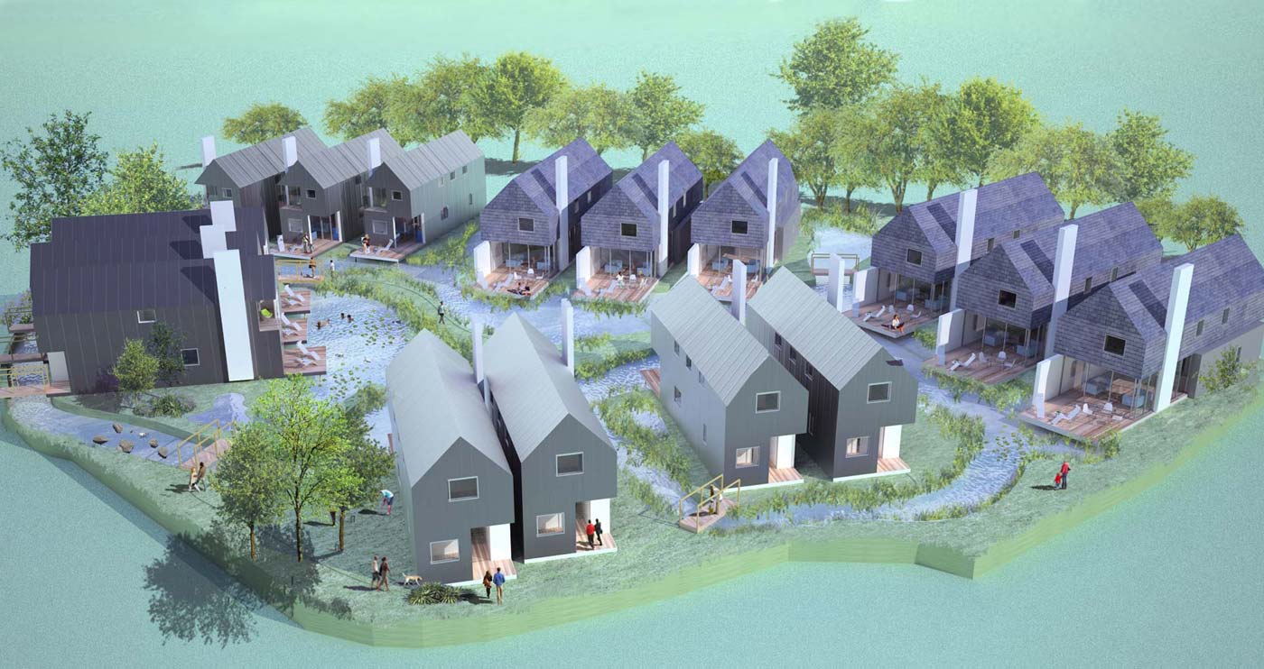 “Lake View”, a small waterside second home complex in Wiltshire. The development comprises of two different three-bed house types; one 80m2 and the other 110m2. The houses are designed to ensure everyone has a waterside deck space; owners will be able to row and visit neighbouring houses within the community. Eco-friendly units are built to code level 4 or 5 ensuring low environmental impact and low cost of living.