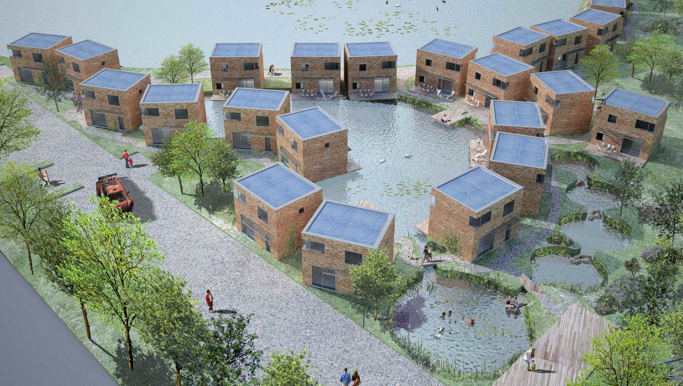 “The Tread Lightly Village” is a proposed 34 unit Code 6 Eco Village for the Cotswolds. It will be the first Code 6 Village in the UK and will employ state of the art Zero Carbon systems to power and heat itself. Simple design, form and construction help maintain affordability whilst allowing full inclusion of environmentally friendly technology. Community is created through design which aims to encourage interaction of people, places and activities; the development should be looked upon as a whole and not its individual units. Fun is important; lakes take on the ‘Tread lightly’ identity and shape a footprint to the village.