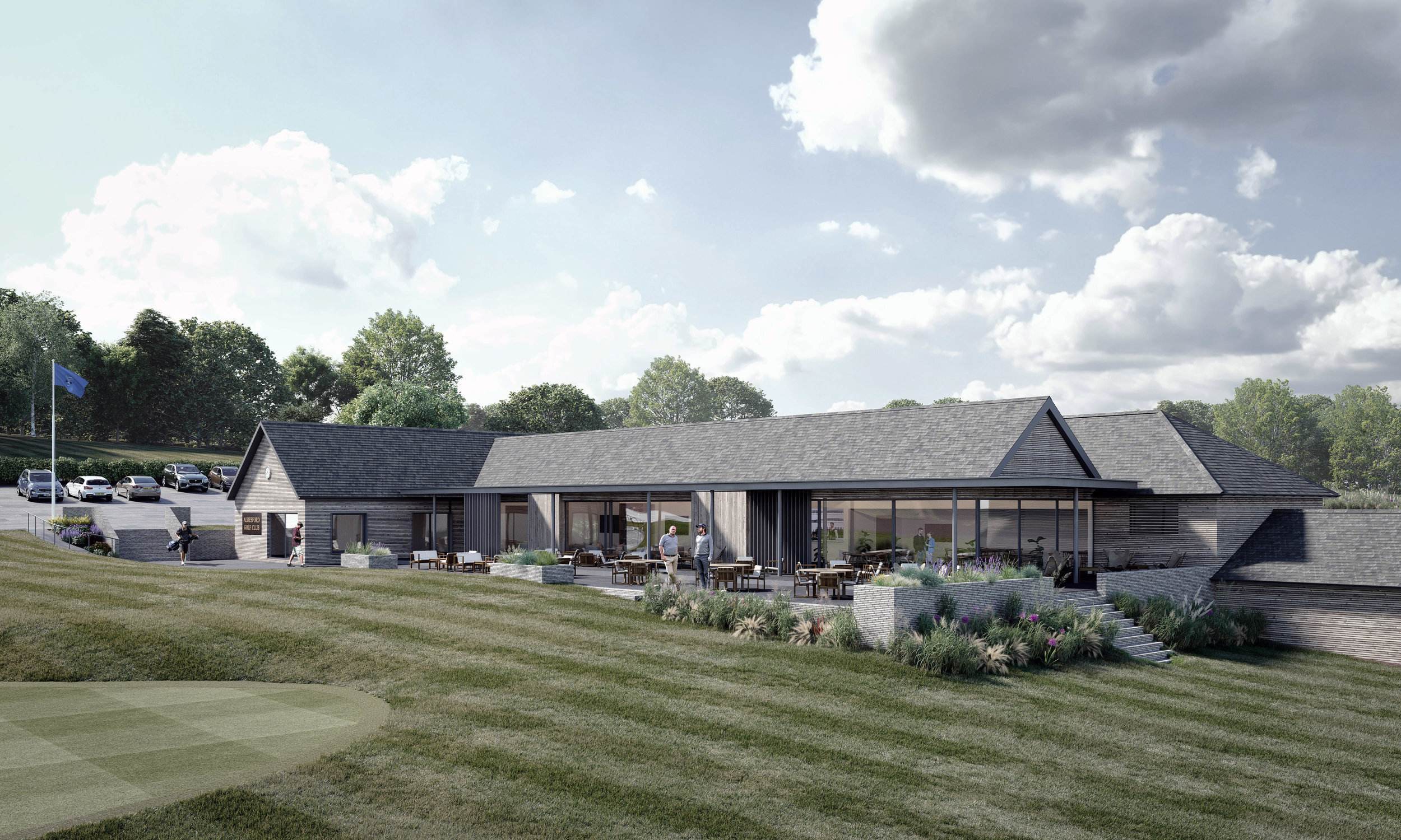 AR Design Studio was invited by Alresford Golf Club to submit proposals for the extension and refurbishment of the clubhouse, bring the building up to modern standards and improving upon the existing amenities. Two principle elements have informed the design approach, improving the connection to the outdoors and reconfiguring the approach to the building to better reflect the site access. The existing dining and bar areas are extended and reconfigured, creating a large lounge area that then extends onto an expanded external terrace through new large sliding glass panels. A new external canopy is proposed that would create covered external space and create links between the 1st tee, the 9th and 18th Greens and key areas within the clubhouse such as the pro shop, changing and bar areas. These two interventions create unrestricted views out over the course and allow for free movement throughout and around the building. The building is then to be clad in timber, reflect its verdant setting, providing a softer backdrop against the 18th green and offering opportunities to improve upon the performance of the external fabric. Scheme: Sports Facility Location: New Alresford Visuals: The Faction