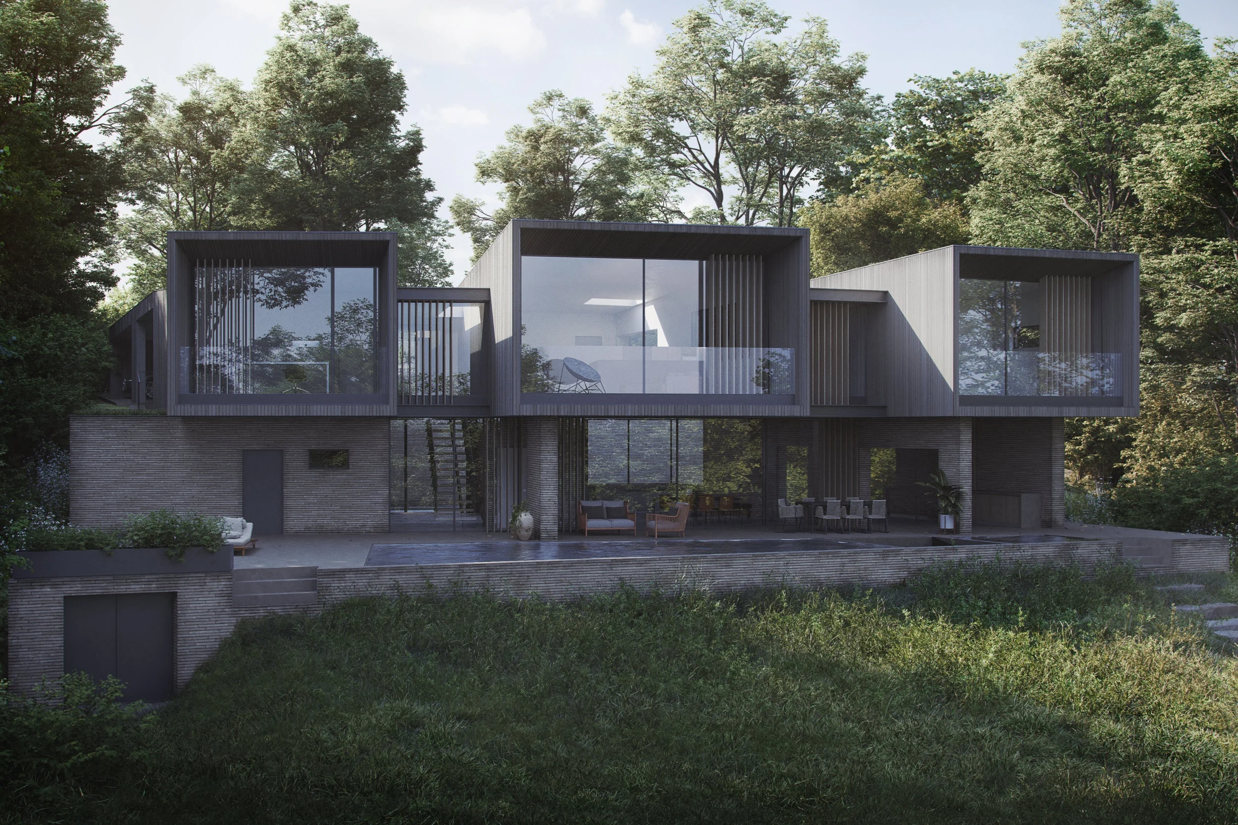 Winchester based architects AR Design Studio have submitted plans for a private bespoke new build house, The Well House, located in the rural village of Shawford, Winchester. The site is hidden down a quiet residential lane with a strong visual connection to the surrounding verdant context. From the lane the site steps and slopes towards its east boundary to meet the Itchen Navigation, a SSSI and the South Downs National Park. Upon visiting the site, it was felt that the significance of the site’s rural setting would have to inform the backbone of any design that was delivered. This rationale has been translated to the proposed design, derived from the initial concept of hunkering down into the sloping landscape to appear visually lost in the hillside against the wooded backdrop. The scheme uses a materiality of timber and brick, the timber volumes floating atop a solid brick base. From the road, the timber cladding blends with the context, whilst the heavier brick grounds the scheme.