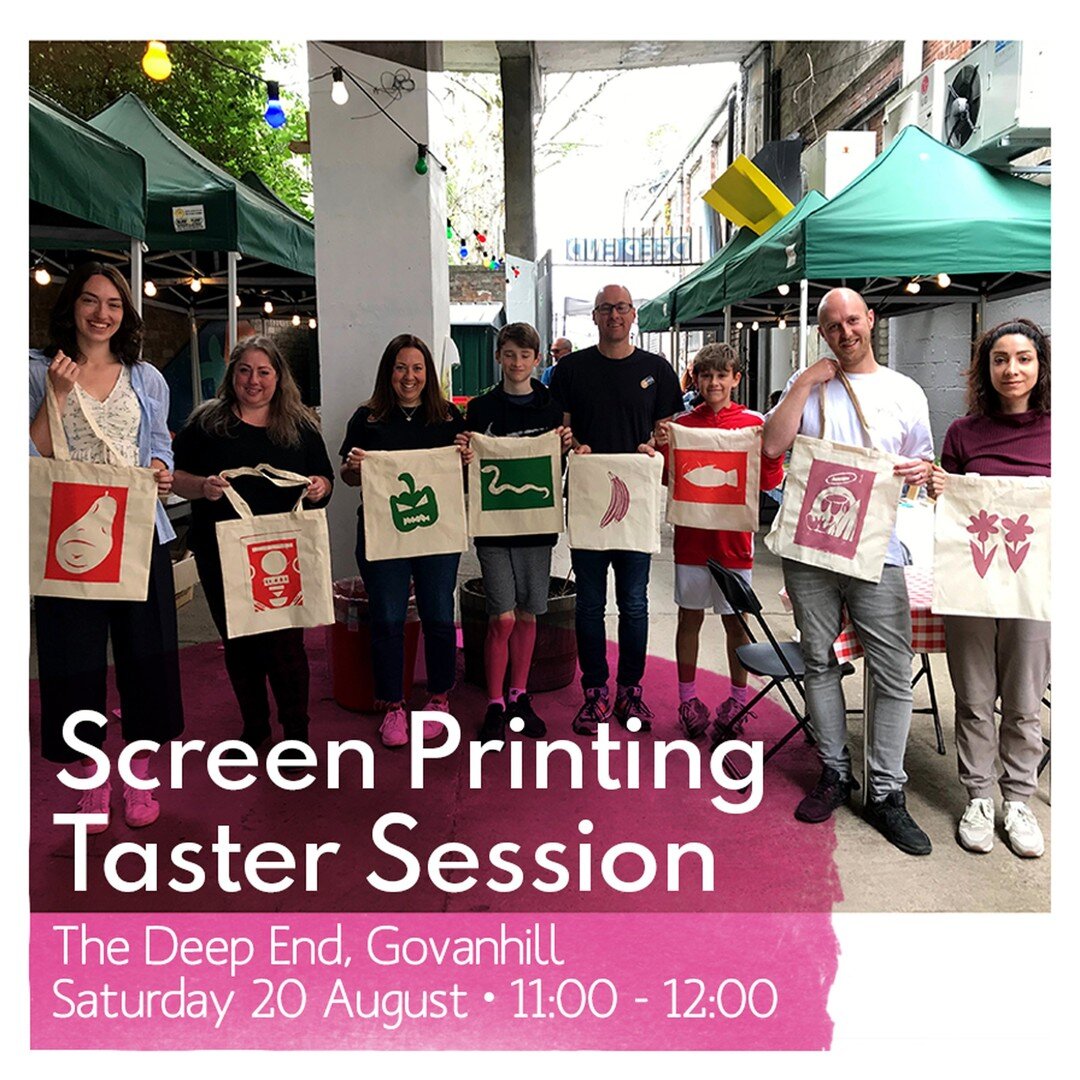 Our next Screen Printing Taster Session will be at The Deep End with @ragstorichesgla on Saturday 20 August. This affordable one hour session is suitable for all ages and you'll each leave with your own design printed on a tote bag like this lovely l