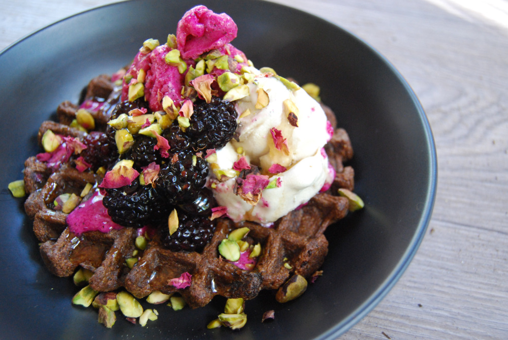 Vegan Waffles w/ Rose Soaked Blackberries, Pitaya Ice Cream &amp; Pistachios