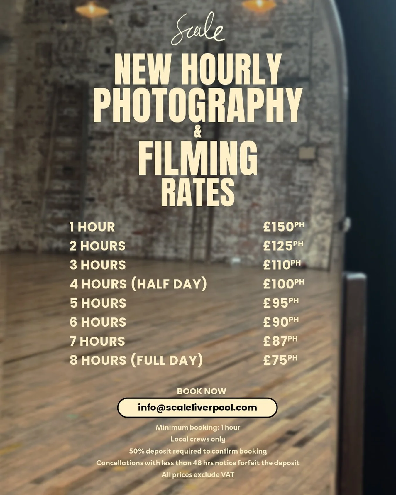 *NEW* hourly studio hire starts NOW at Scale Liverpool!

We&rsquo;ve always offered half day and full day bookings,  but we heard you. Not every shoot needs a full day. So we&rsquo;ve made it flexible.

Book just the hours you need, pay only for what
