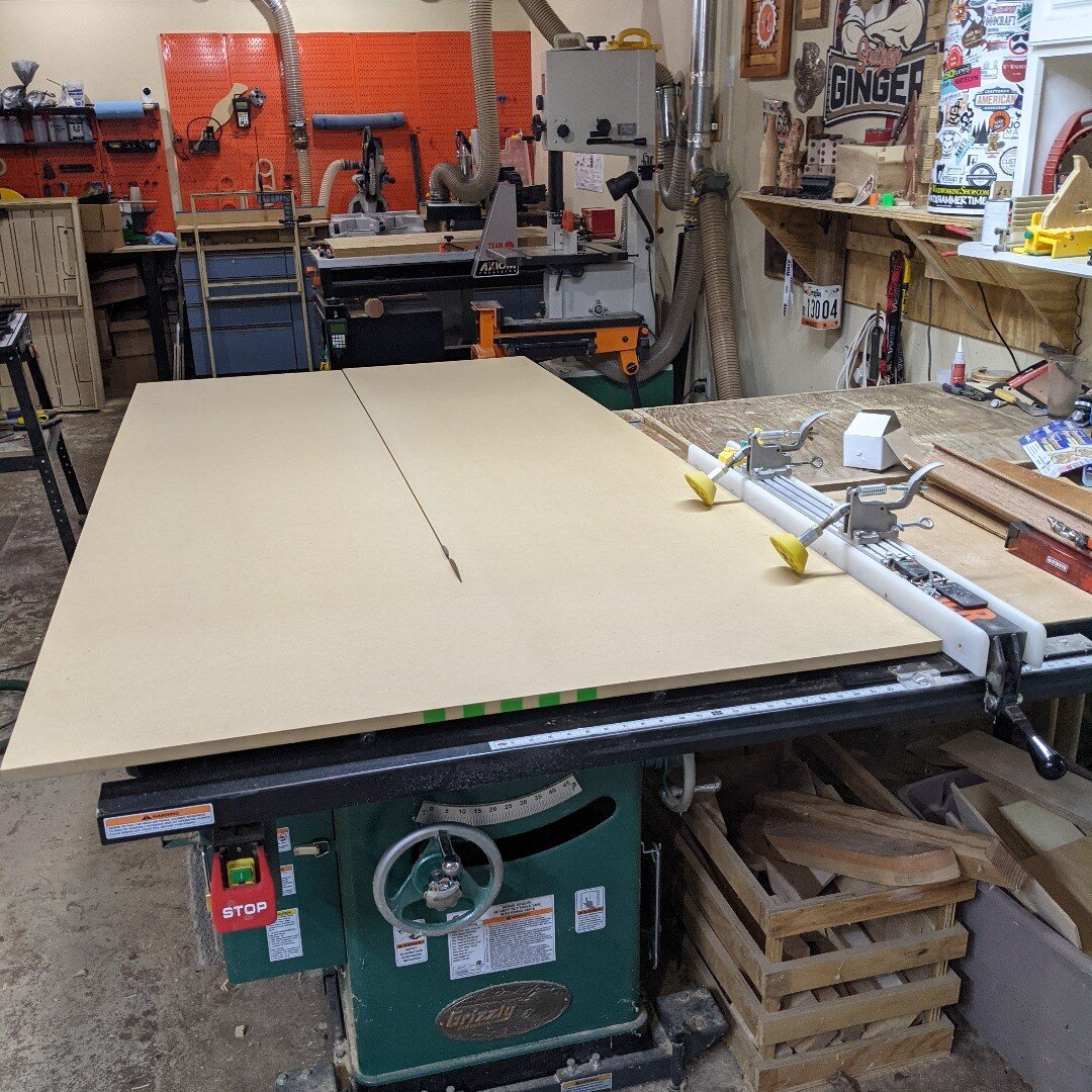 I pretty much hate cutting 4x8 sheets of 3/4 mdf of the table saw but with those safety rollers on the fence i feel much better about it! #woodworking