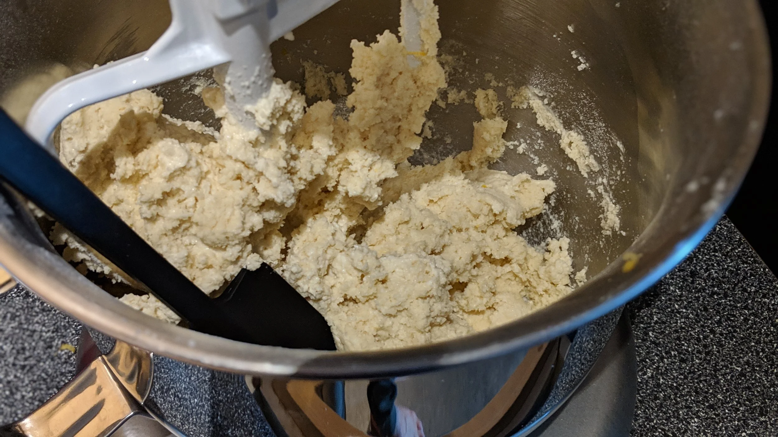 Scrape down side of bowl, shortly after mixing on low, but also scrape bottom, as egg-whites often on bottom don’t get mixed too well