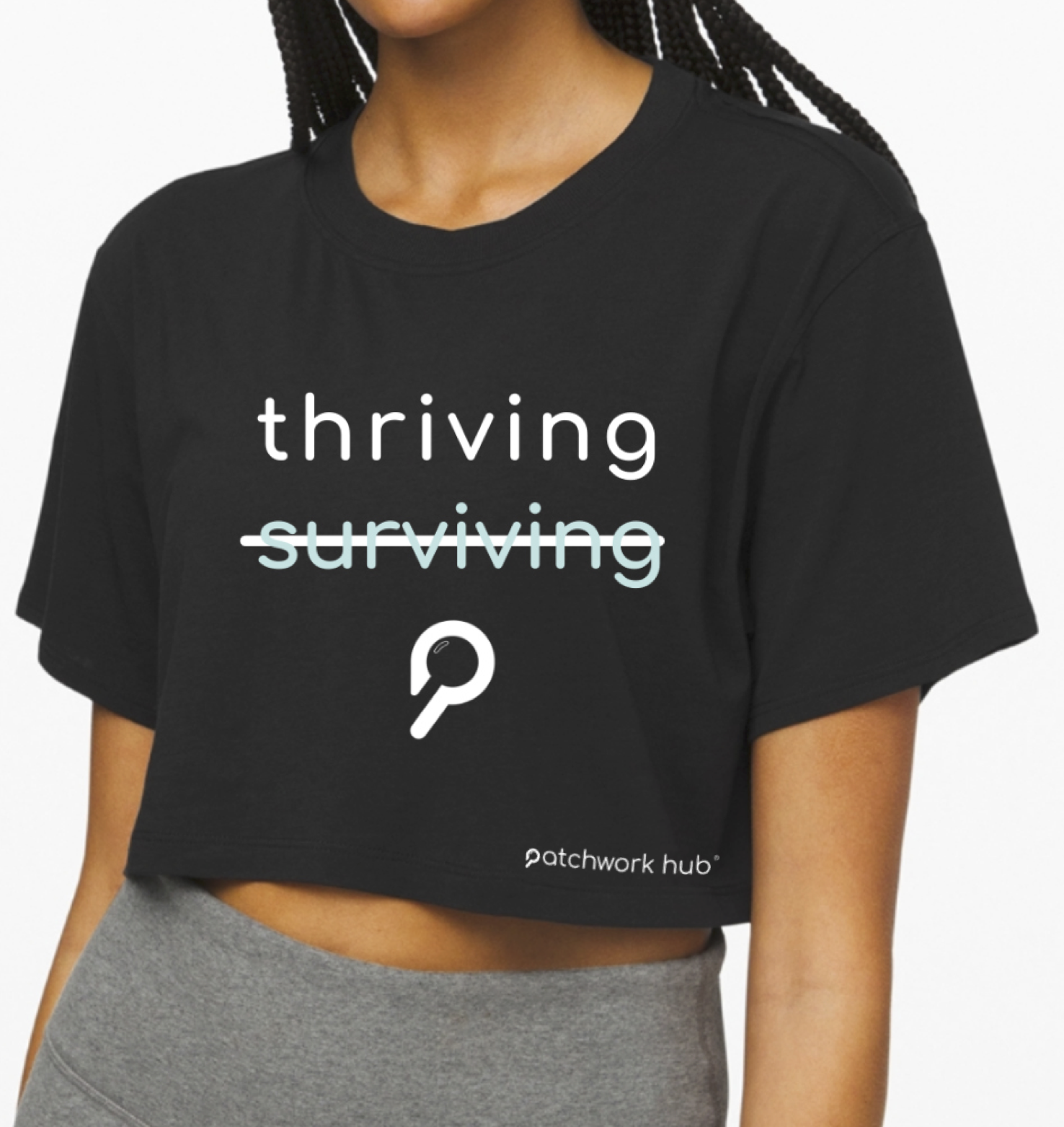 Patchwork Hub_MOKOM collab-CROPPED TEES-CropTshirt_Black_ThrivingSurviving_Logo.png