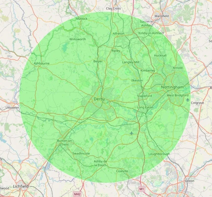 Map shows 15 Mile Radius from Brewery - DE21 6YZ
